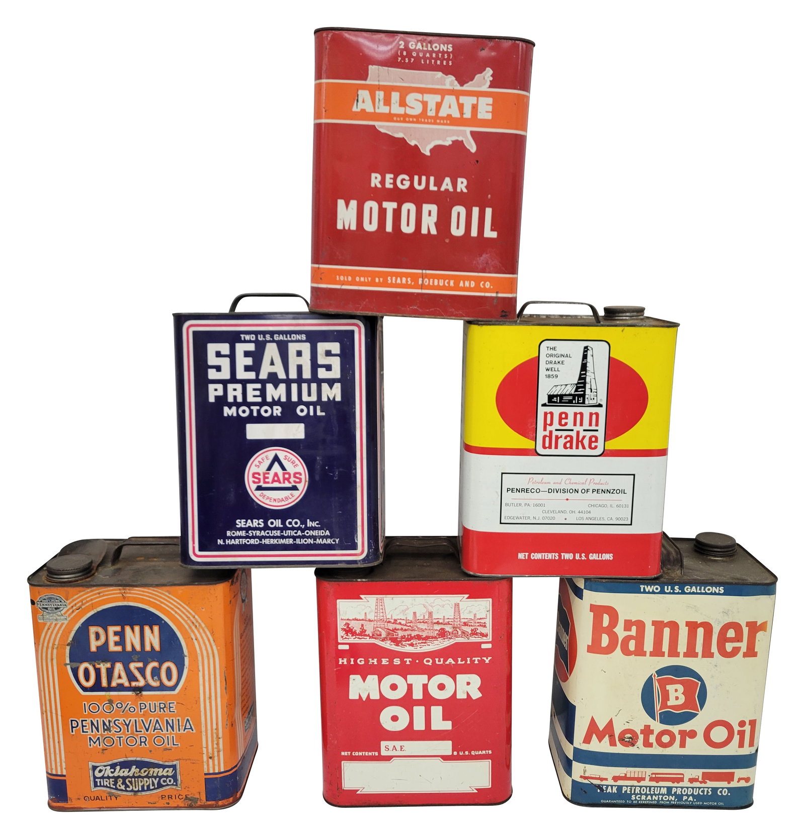 Group of 6 Two Gallon Metal Cans Banner Sears Allstate Penn Otasco & More: Group of six empty metal 2 gallon cans. The cans all retains the original handles and caps except for the Allstate can which is missing the upper lid, handle and cap.