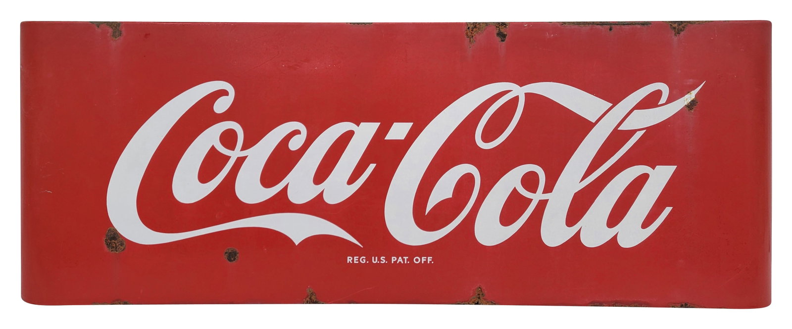 Coca Cola Porcelain Sled Sign: 44" x 16" SSP sled sign features the Coca Cola logo in bright color with light oxidation overall. There are several chips in the field and along the perimeter with surface rust.