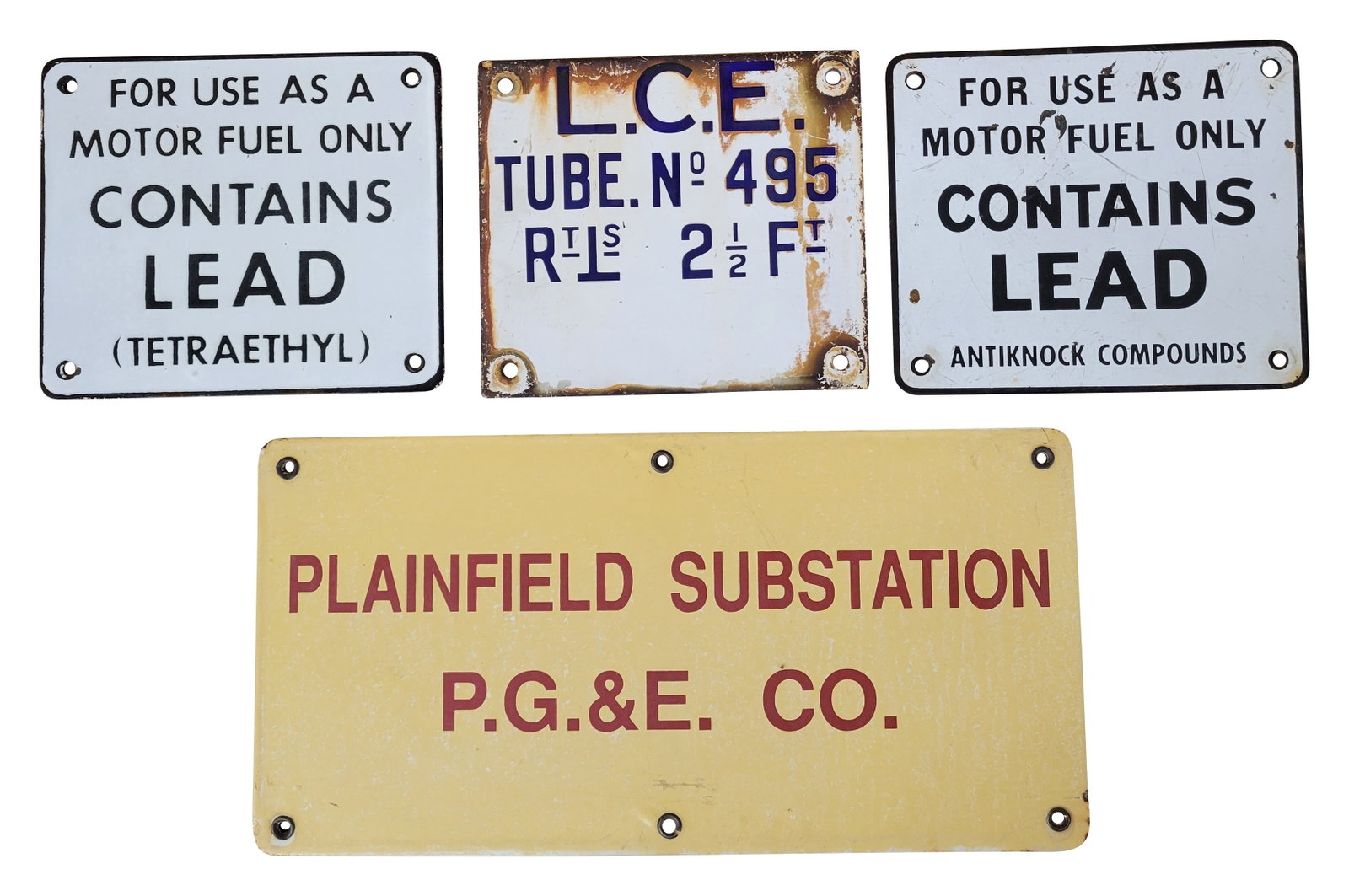 Contains Lead and Plainfield Substation Porcelain Signs: Lot of 4 includes a 14" x 7" SSP Contains Lead sign and a tin Contains Lead Sign. Also included is SSP Plainfield Substation sign and a SSP L.C.E. sign. All are in varying conditions with chips, r