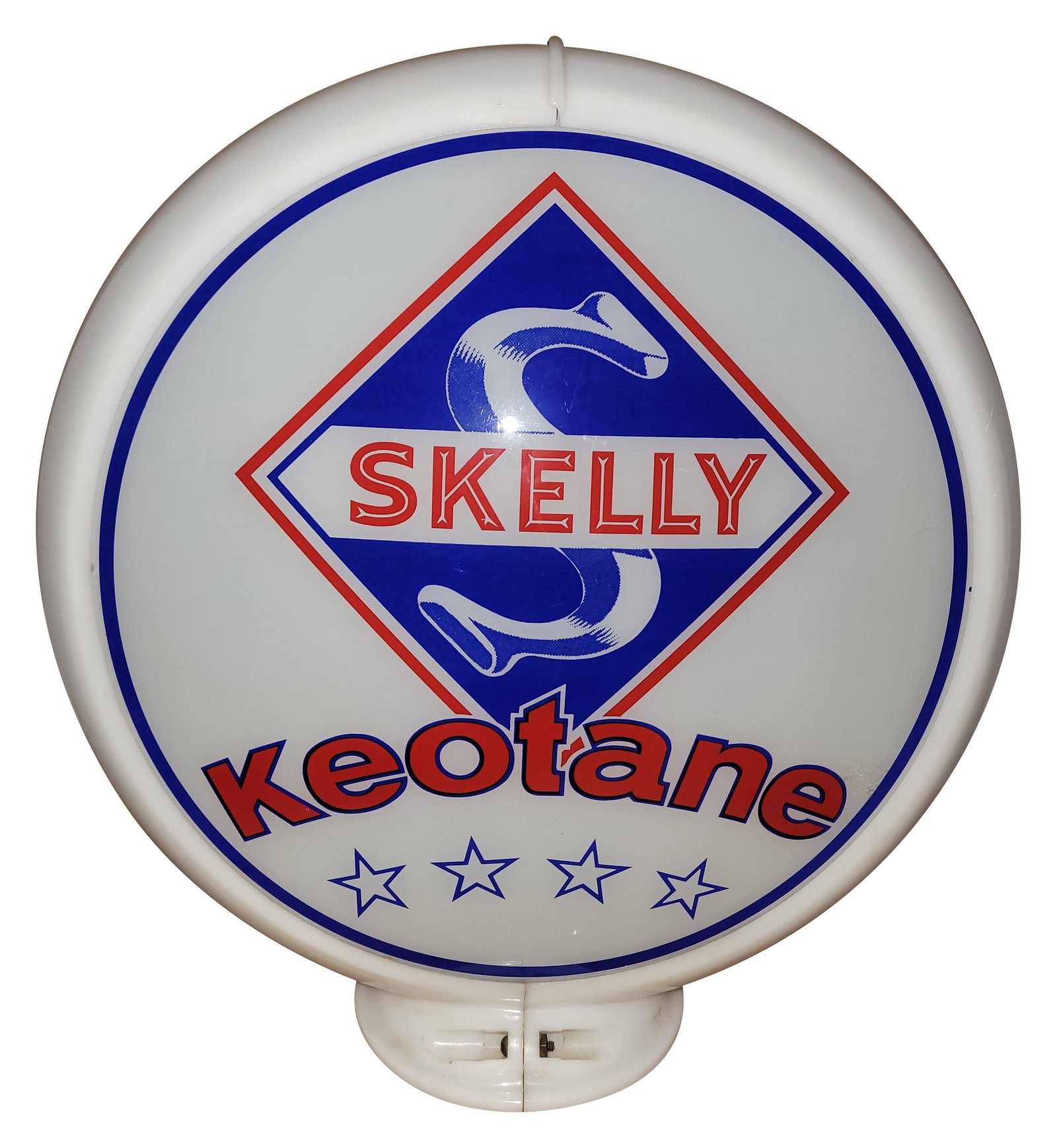 Skelly Keotane Gasoline 13.5" Complete Gas Pump Globe Capco Body: Two 13.5" lenses mounted in a capco body. Lens #1 has light wear with minor fine scratches in the fields. The reverse has a chip at the left hand notch. The body is in very good condition with light w