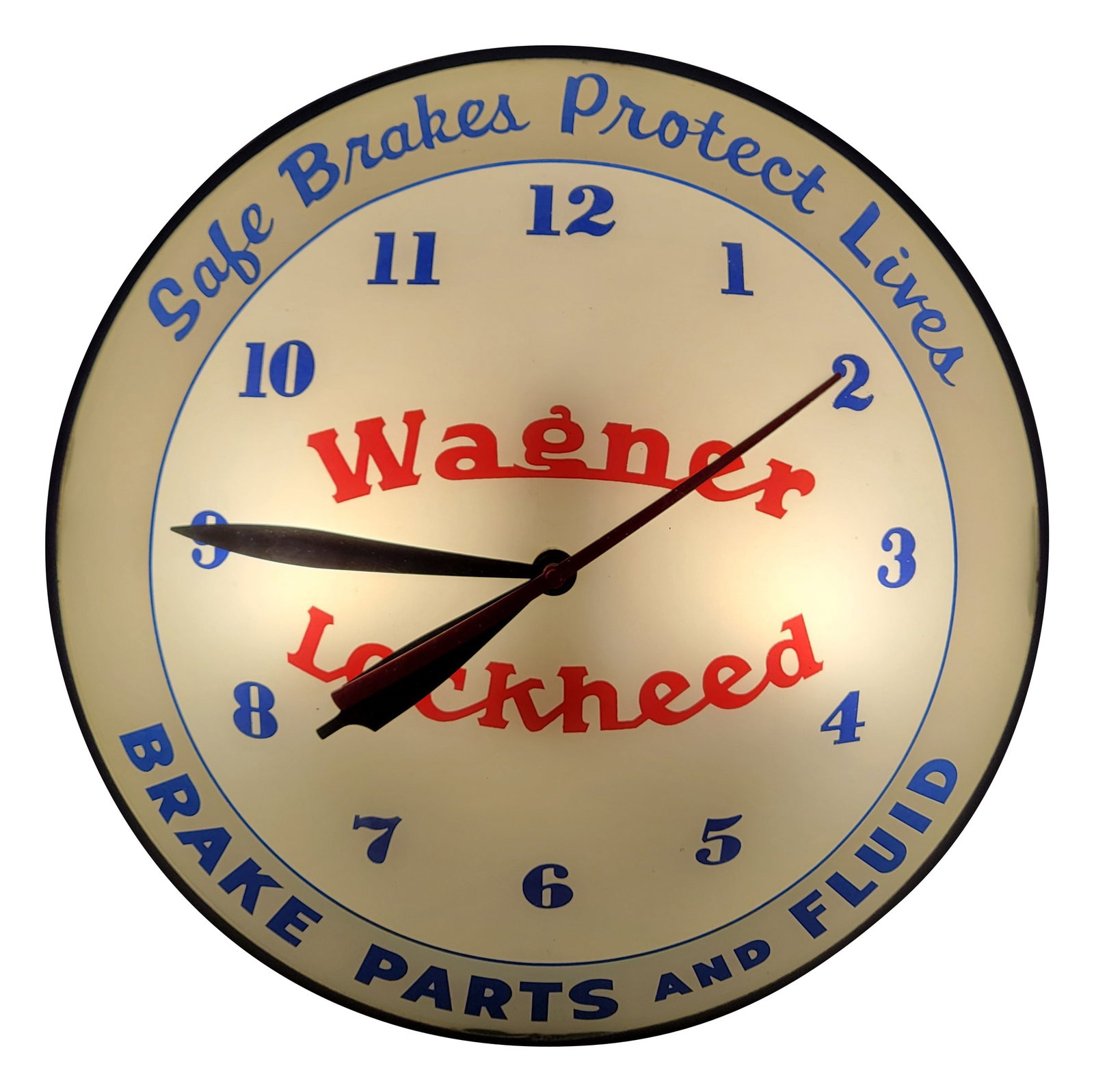 Wagner Lockheed Double Bubble Light Up Advertising Clock: 15" working illuminated clock features a glass face, metal trim, and a metal can. The clock displays very well with bright colors. The trim and can are both in excellent condition with minor scratches