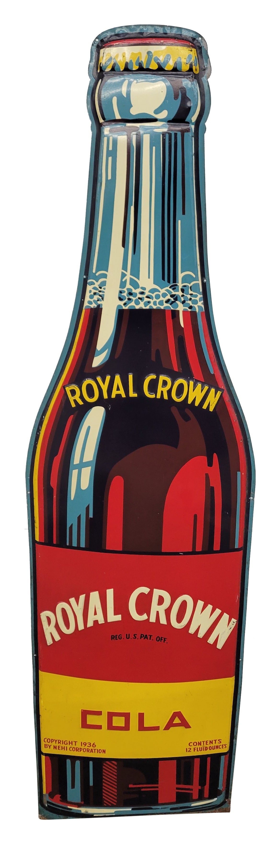 Royal Crown Cola Single Sided Tin Die Cut Bottle Sign: 16" x 58.5" embossed SST bottle sign exhibits bright colors and good shine with light wear in the field including scuffs, and small scratches. The perimeter has wear with chipped paint, scratches, and