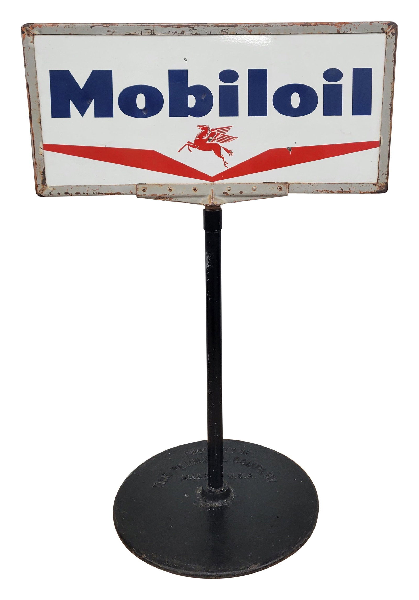 Mobiloil Double Sided Porcelain Service Station Curb Sign: 33" x 50.5" x 22" DSP sign features the Pegasus logo. Both sides display good colors and a nice shine with a few small dings and chips that have been touched up. The metal frame exhibits standard sign