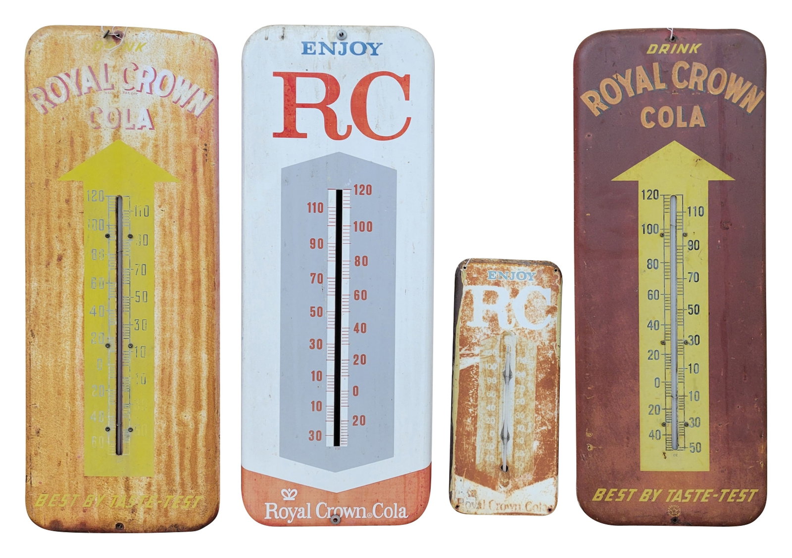 Lot of 4 RC Royal Crown Thermometers: Lot includes three 10" x 25.5" thermometers in various conditions with fading and rust. Also one 6" x 13.5" thermometer in similar condition.