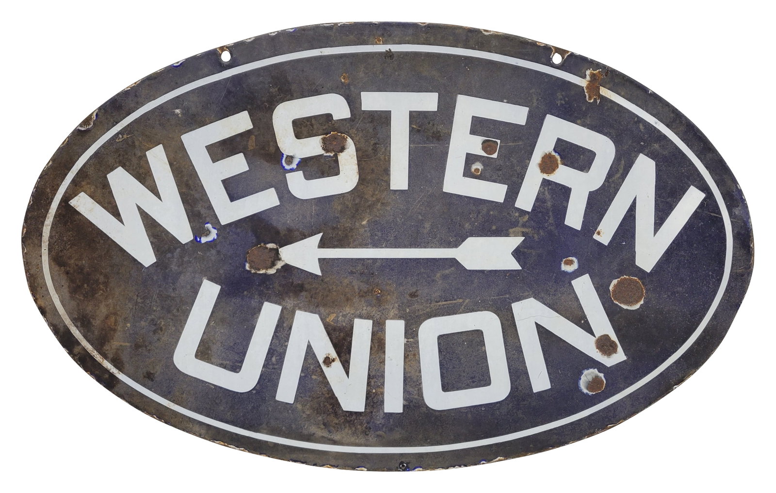 Western Union DSP Oval Sign: 34" x 21" oval sign exhibits age and wear throughout each side with fading, porcelain chips, discoloration, and rust.