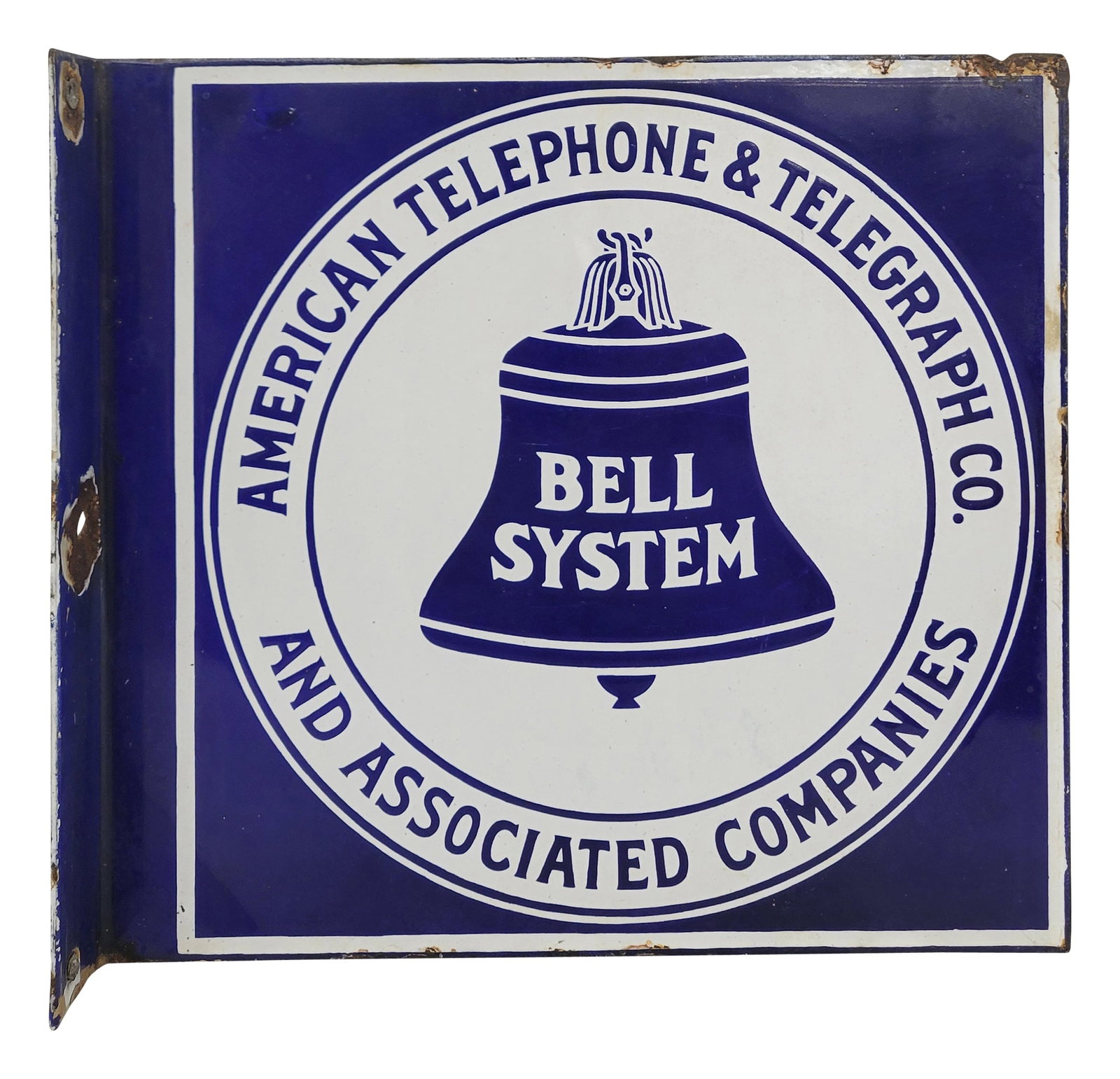 Bell System Double Sided Porcelain Flange Sign Small Version: 12" x 11" DSP flange sign features strong colors and high gloss on each side with the Bell System logo. There is light edge wear with very small chips and minor surface rust. The flange section has we