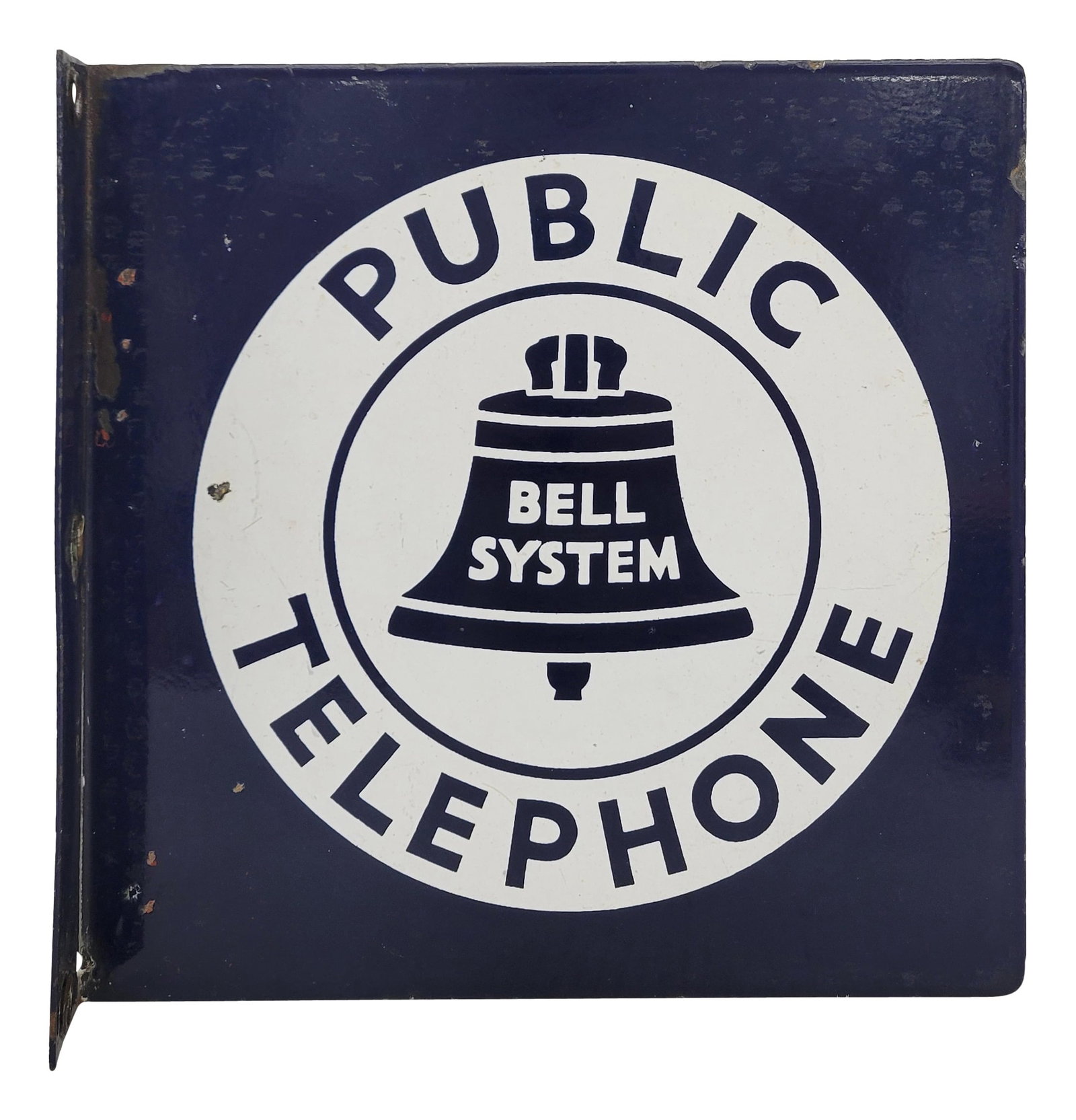 Public Telephone Porcelain Flange Sign Small Version: 11" x 11" DSP flange sign exhibits excellent color and gloss on each side with a few flea bite sized chips. The flange section has light wear with small chips and wear along one edge.