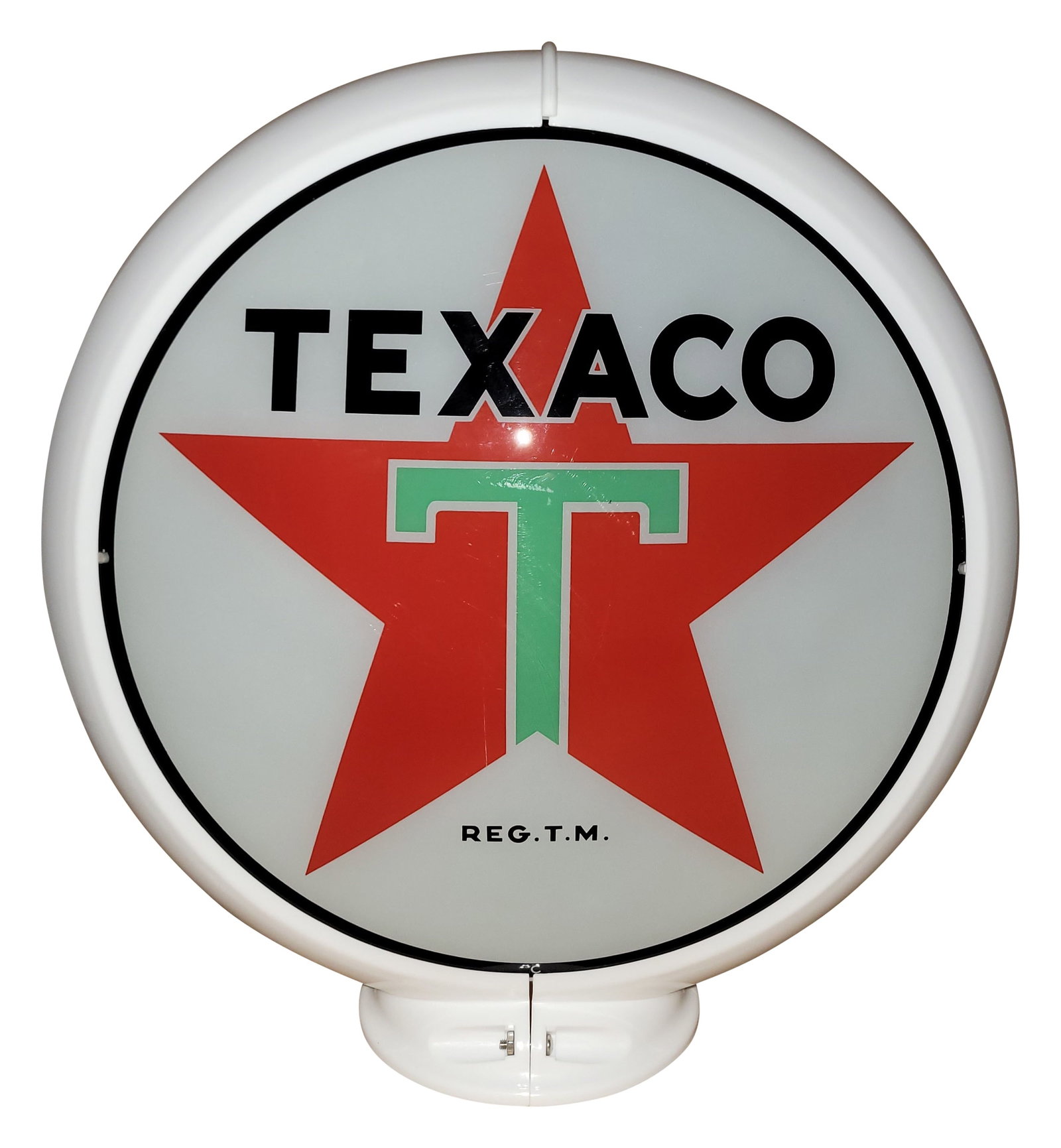 Texaco Gasoline 13.5" Complete Capco Globe Body: Two 13.5" lenses mounted in a capco body. Lens #1 has excellent color with minor fine scratches. The reverse lens has additional scratches in the fields. The body is in excellent condition.