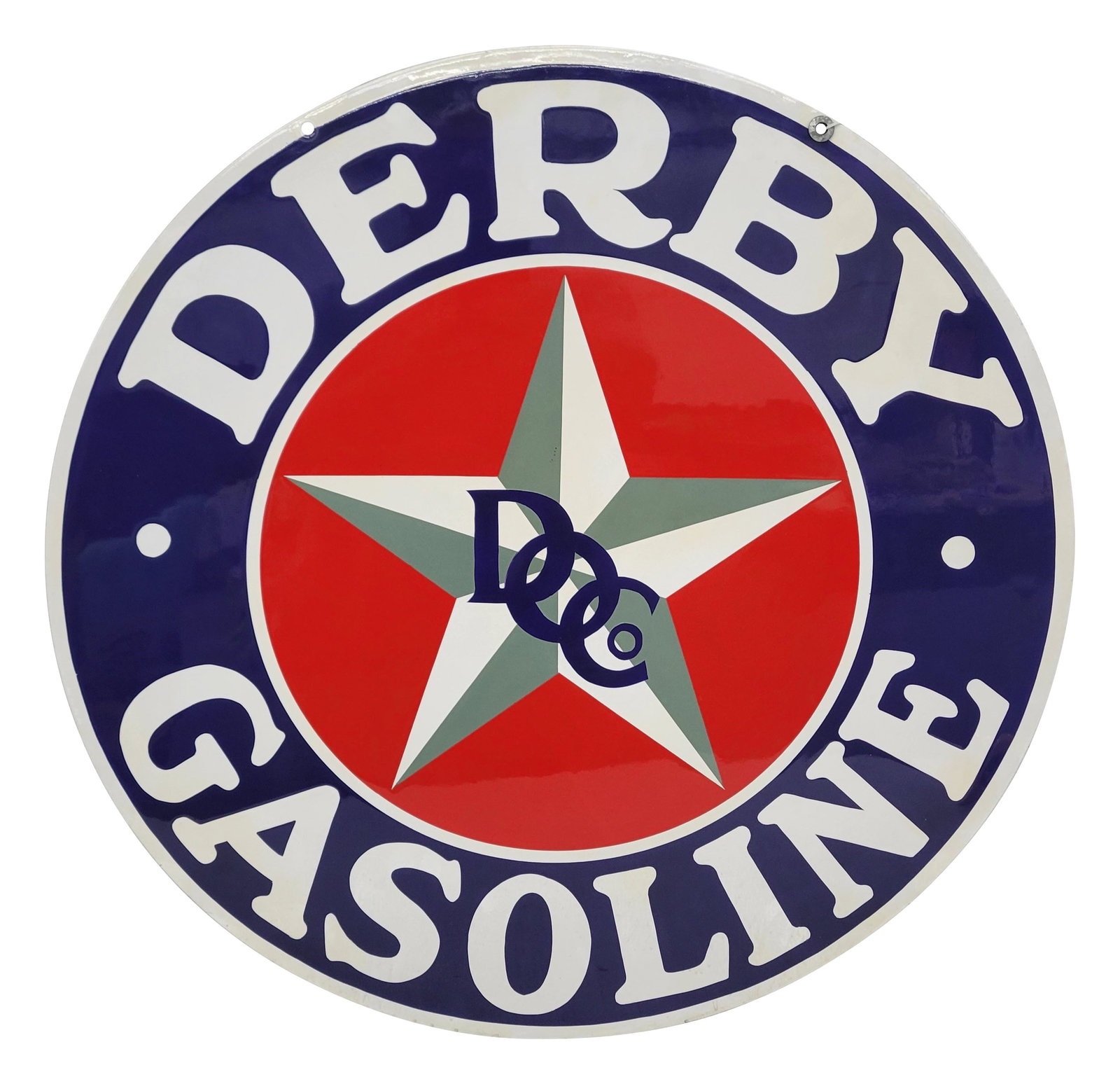 30" Derby Gasoline Double Sided Porcelain Sign: 30" DSP sign has undergone a thorough restoration on one side, showcasing vibrant colors and a high gloss finish. This side is in outstanding condition. The reverse side remains unrestored and display