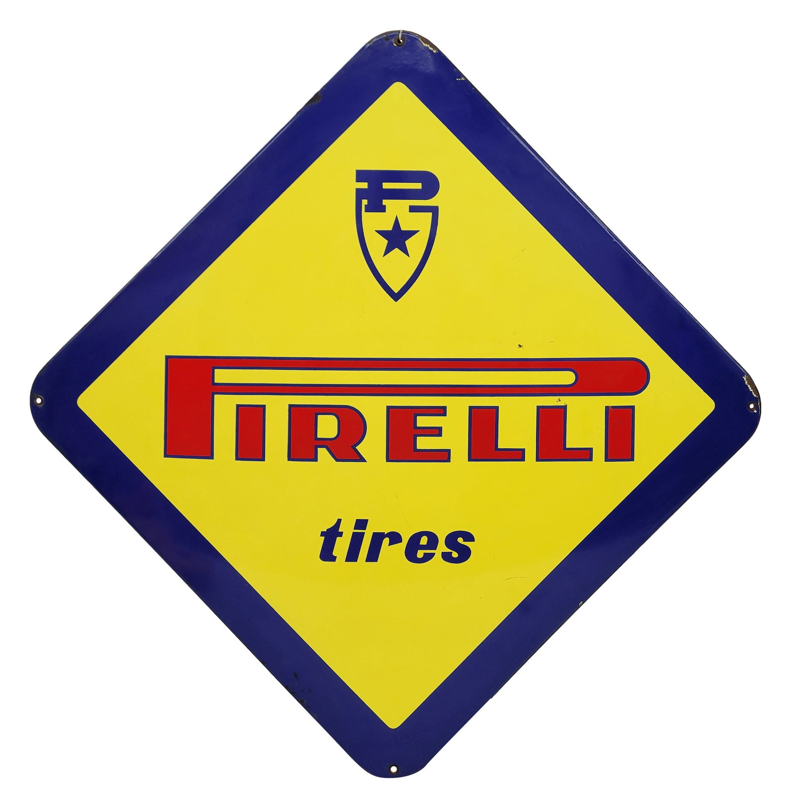 Pirelli Tires Double Sided Porcelain Sign: 38" x 38" DSP sign features a rolled edge. The sign exhibits strong color and high gloss with minor scuffs in the field. The rolled edge perimeter has light wear with a few small chips.