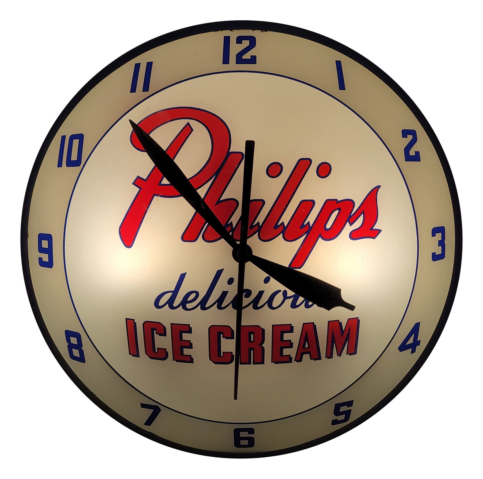 Philips Delicious Ice Cream Double Bubble Light Up Clock: 15" working illuminated clock features a glass face, metal trim, and a metal can. The clock displays very well with bright colors. The outer glass face has a few small scratches on the surface The t