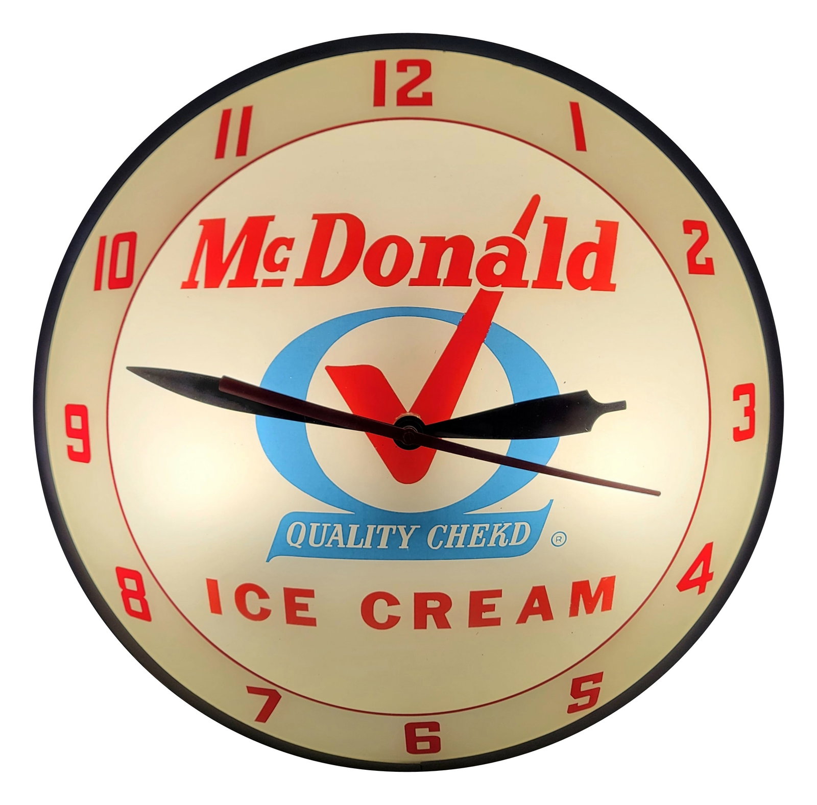 McDonald Ice Cream Double Bubble Light Up Advertising Clock: 15" working illuminated clock features a glass face, metal trim, and a metal can. The clock is in excellent and displays with bright colors. The trim and can are in excellent condition. Advertising Pr