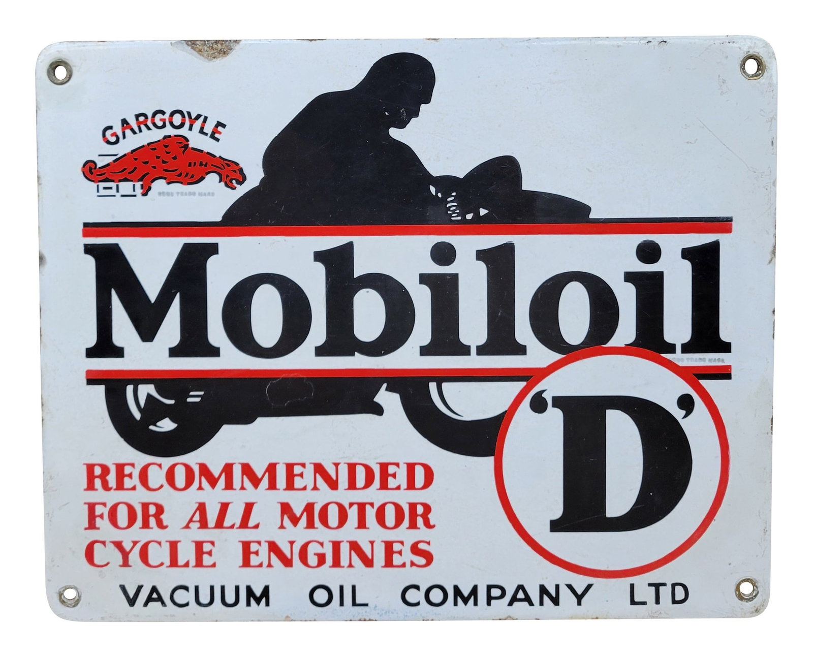 Mobiloil 'D' Single Sided Porcelain Sign With Motorcycle: 11.25" x 9" SSP sign features the Vacuum Oil Company Gargoyle and motorcycle graphics. The sign exhibits good colors with scratches and marks on the surface. There is a color matched repair in the cen