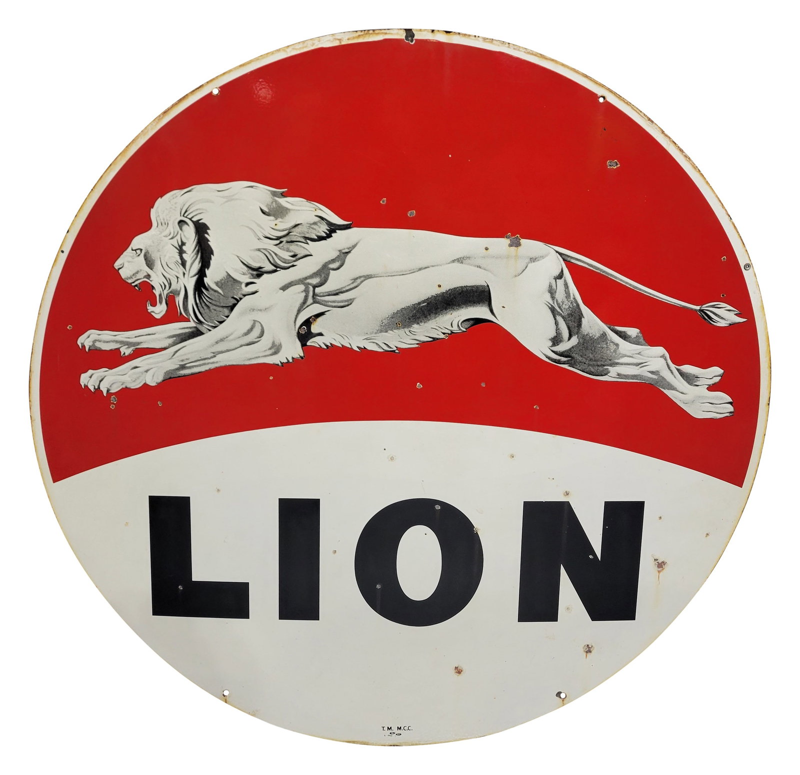1960 Lion Gasoline 5' DSP sign w/ "Leaping Lion": 60" D., DSP sign has very good color and gloss. Side #1 has light wear with small chips and discoloration in the fields. The perimeter has two small non-factory mount holes along the upper edges with 