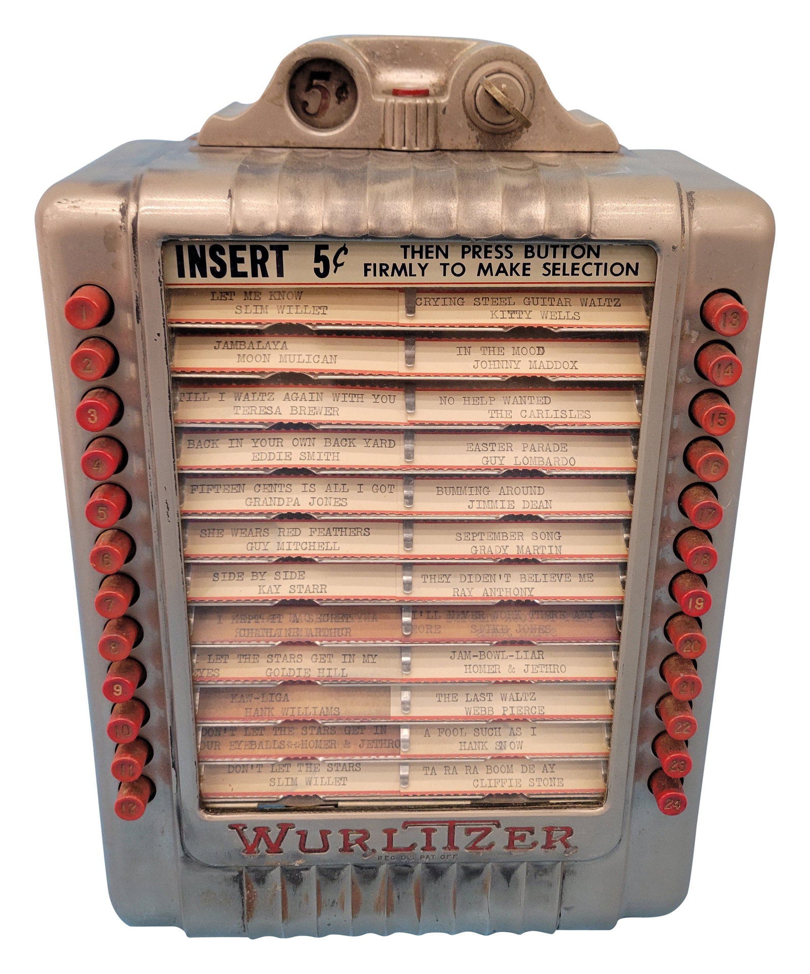Wurlitzer 3025 5 Cent Jukebox Wallbox: 8.5" x 12.5" x 4.5" Wurlitzer wallbox exhibits typical age and wear. This wallbox features 24 selections. The glass window is in good condition and there is a key included. Working condition