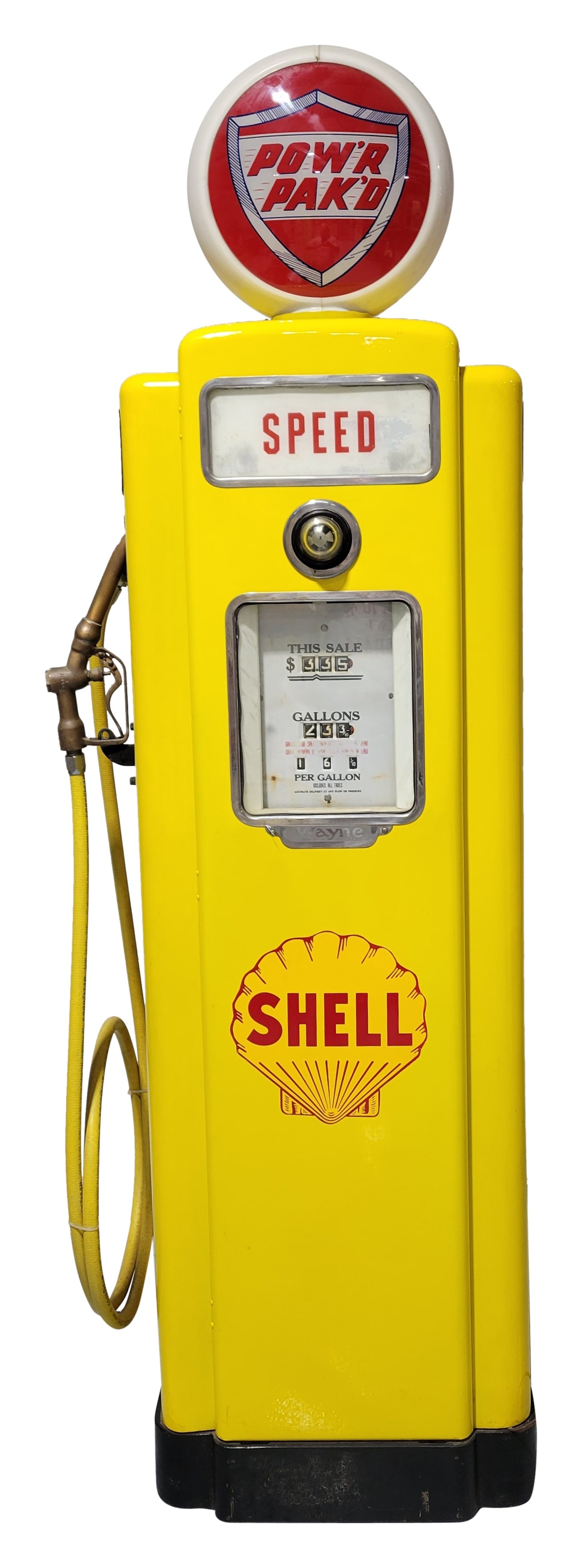 Wayne Model #70 Computing Gas Pump Shell Restored w/ Republic Pow'r Pak'd Globe: 90" T., Wayne Model #70 computing gas pump has been restored. The paint features bright yellow paint with Shell decals. The paint has light wear throughout with paint chips and the faceplates have