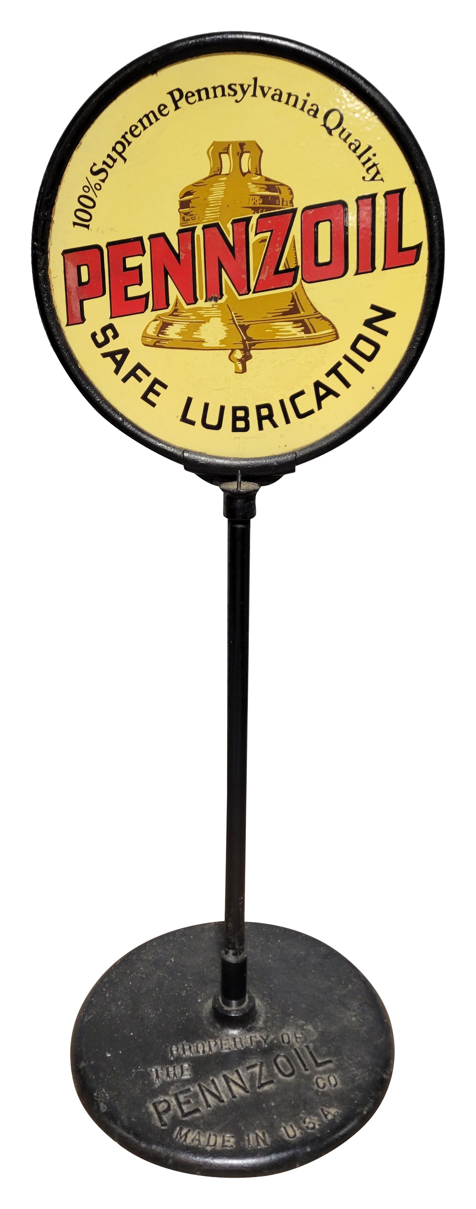 Pennzoil Safe Lubrication DSP Curb Sign w/ Brown Bell: 58" T., DSP curb sign has good color and gloss. Side #1 has a small chip in the field with areas of discoloration and light surface wear. The perimeter has areas of crazing with minor edge chips. The