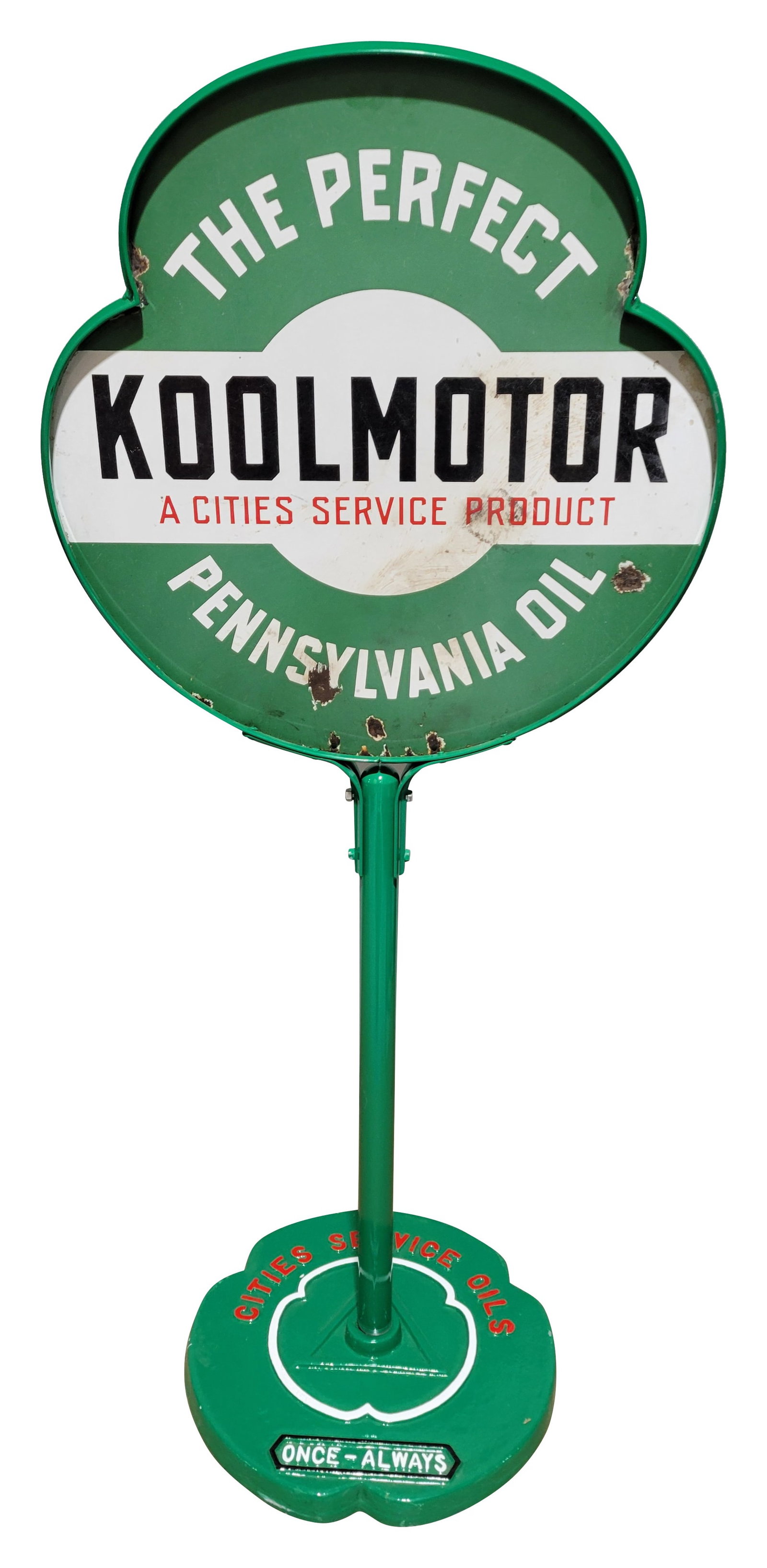 Cities Service Koolmotor The Perfect Pennsylvania Oil DSP Curb Sign: 57" T., DSP die cut curb sign has good color and gloss. Side #1 has crazing and chips in the lower fields with small chips along the outer edges. The reverse has discoloration and crazing in the