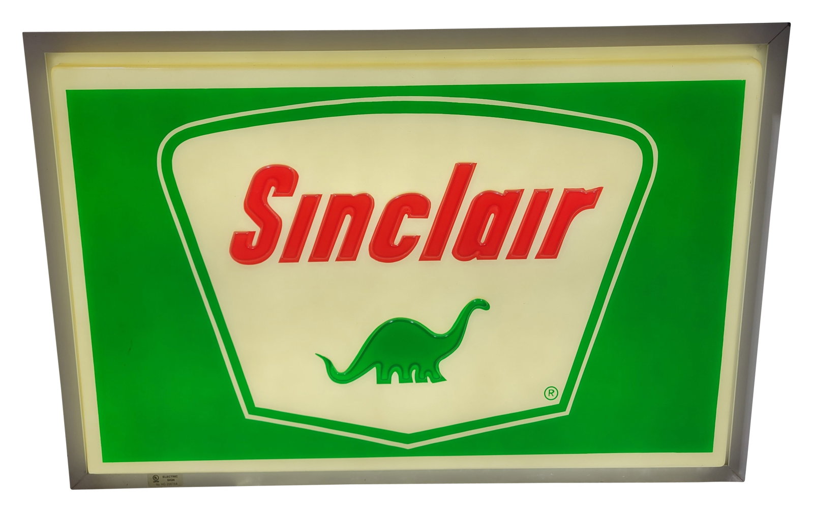 Sinclair Gasoline 3' Emb. Plastic Lighted Service Station Sign w/ Dino: 24" x 37" x 8", single-sided embossed plastic internally lighted sign with a metal can has very good color. The sign has minor toning to the white painted areas with light surface wear in the outer