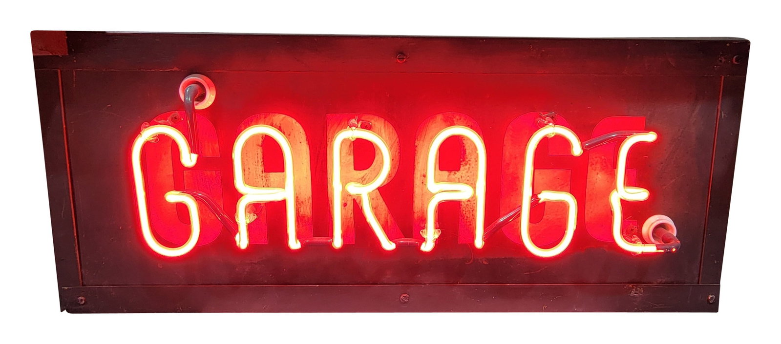 Garage 30" DST Art Deco Neon Sign: 14" x 30.25" x 11", AGE UNKNOWN DST (double sided tin) neon sign with metal can and wooden art deco trim has excellent color and shine. Both sides display extremely well with areas of minor