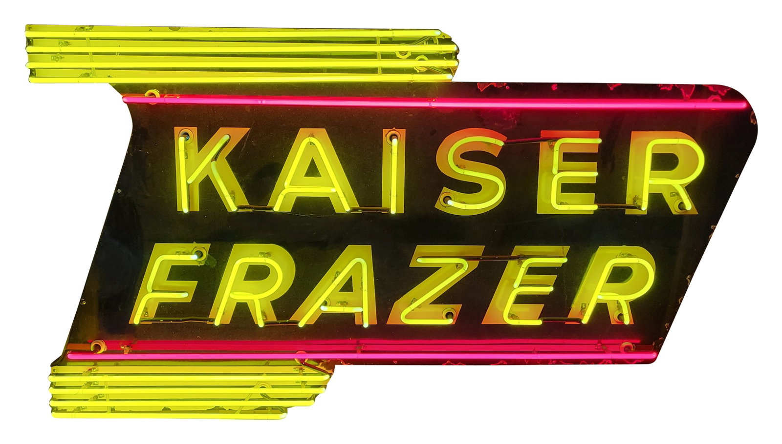 Kaiser Frazer 6.5' SSP Factory Neon Sign: 41.5" x 77" x 8", SSP die cut factory neon sign with a new metal can has very good color and gloss. The display has light wear, minor discoloration and color-matched chips in the fields. The
