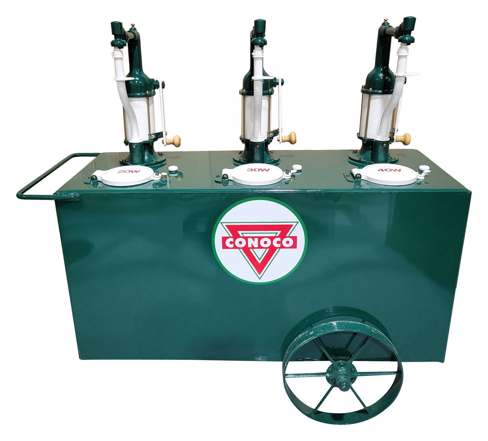 Restored Conoco Triple Lubester: 54" x 23" x 52" triple lubester has undergone an outstanding restoration and features high gloss paint and applied Conoco decals. The lubester is in excellent condition throughout.