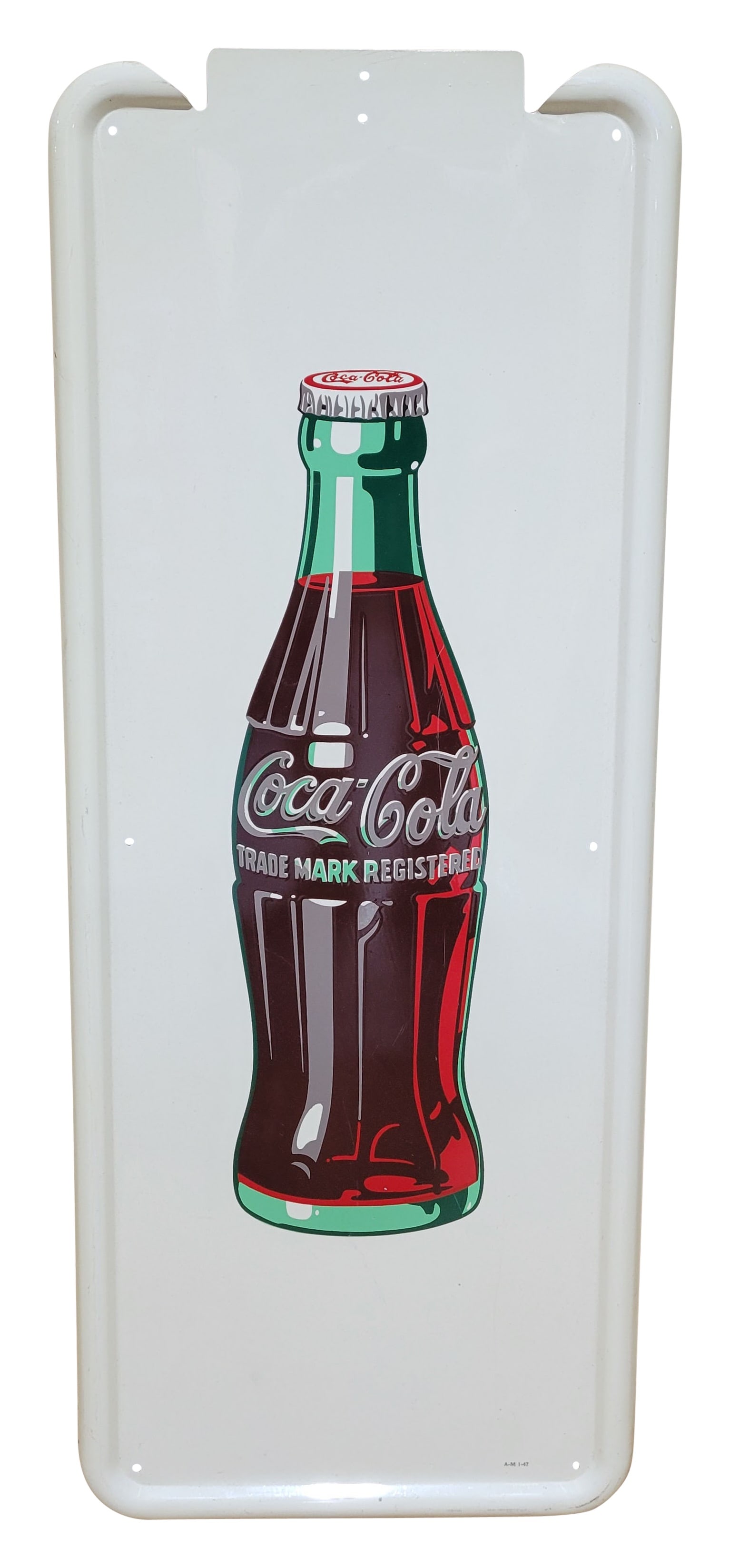 Coca Cola SST Pilaster Sign With Bottle NOS: 16" x 41" NOS (new old stock) single sided tin vertical sign features the Coca Cola bottle in bright colors. The sign displays very well with excellent shine and minor scuffs in the field. The self