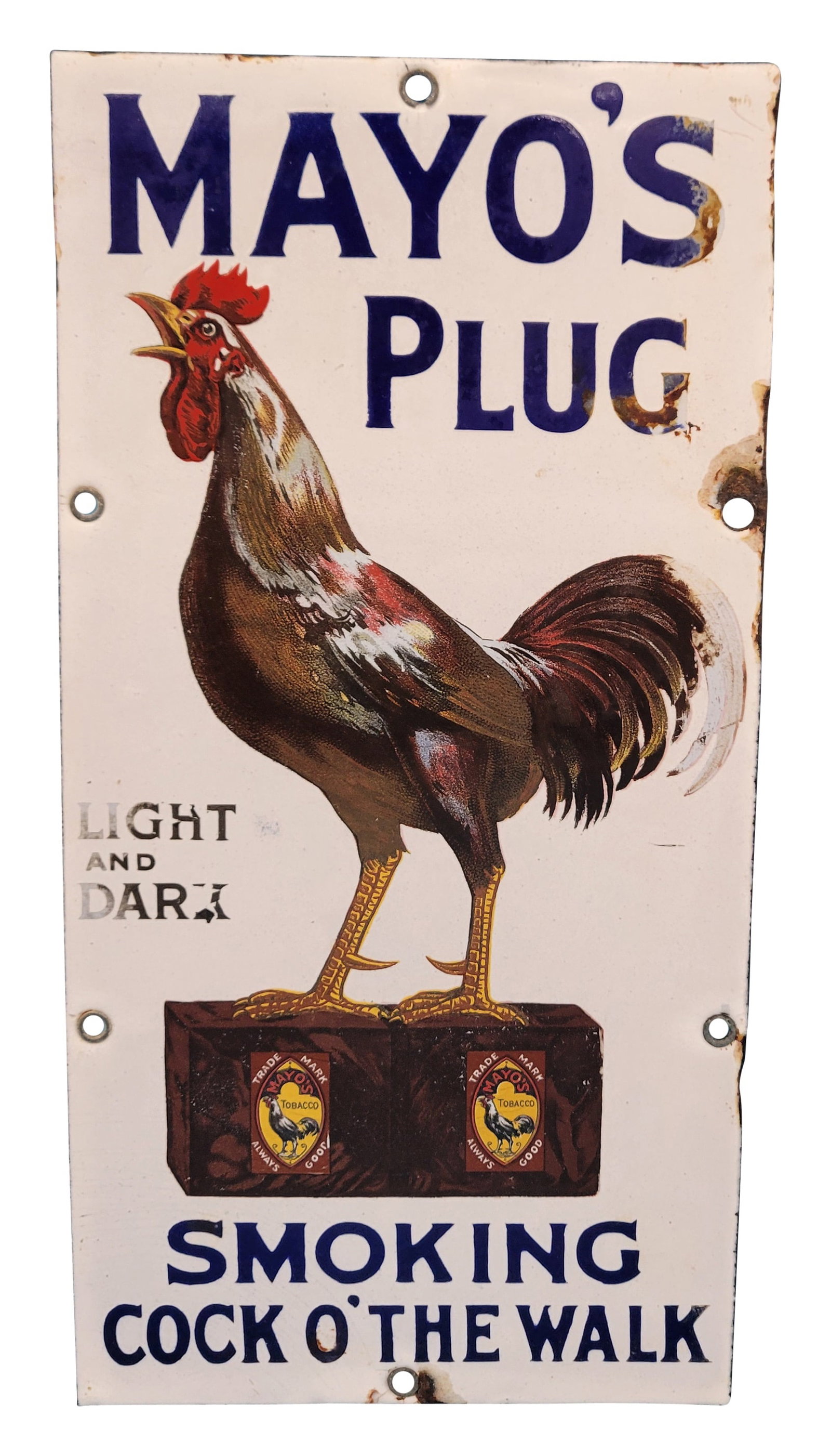 Mayo's Plug Smoking Cock O' The Walk SSP Sign: 6.5" x 13" single sided porcelain sign showcases the Mayo's Plug rooster in very good color. The field is largely clean, though some letters have experienced minor fading and discoloration. The