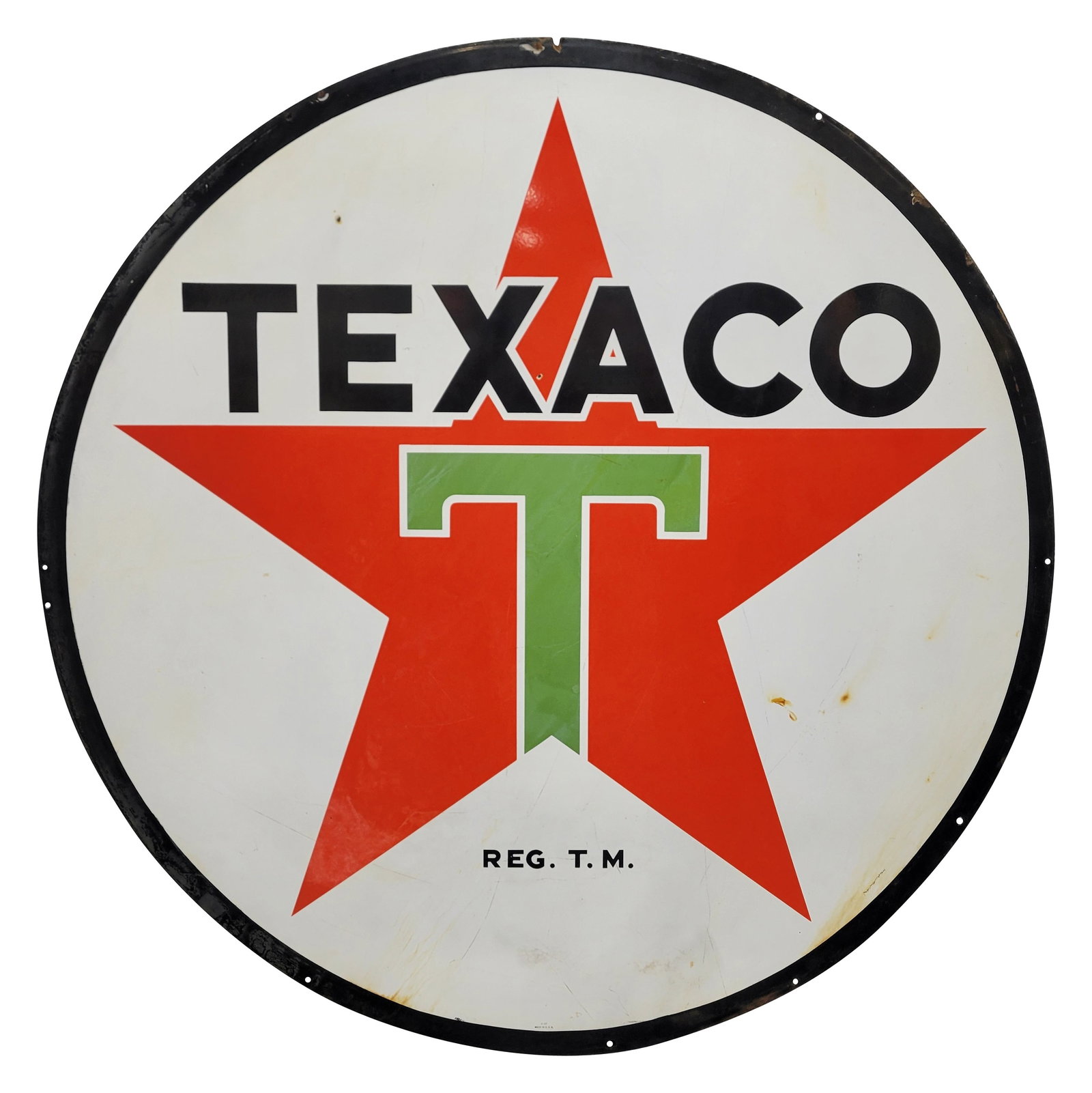 1937 Texaco Gasoline 6' DSP ID Sign: 72" D., DSP sign has good color. Side #1 has a few small chips in the fields with marks, areas of cloudiness, discoloration and lower gloss. The reverse has additional chips and discoloration in the