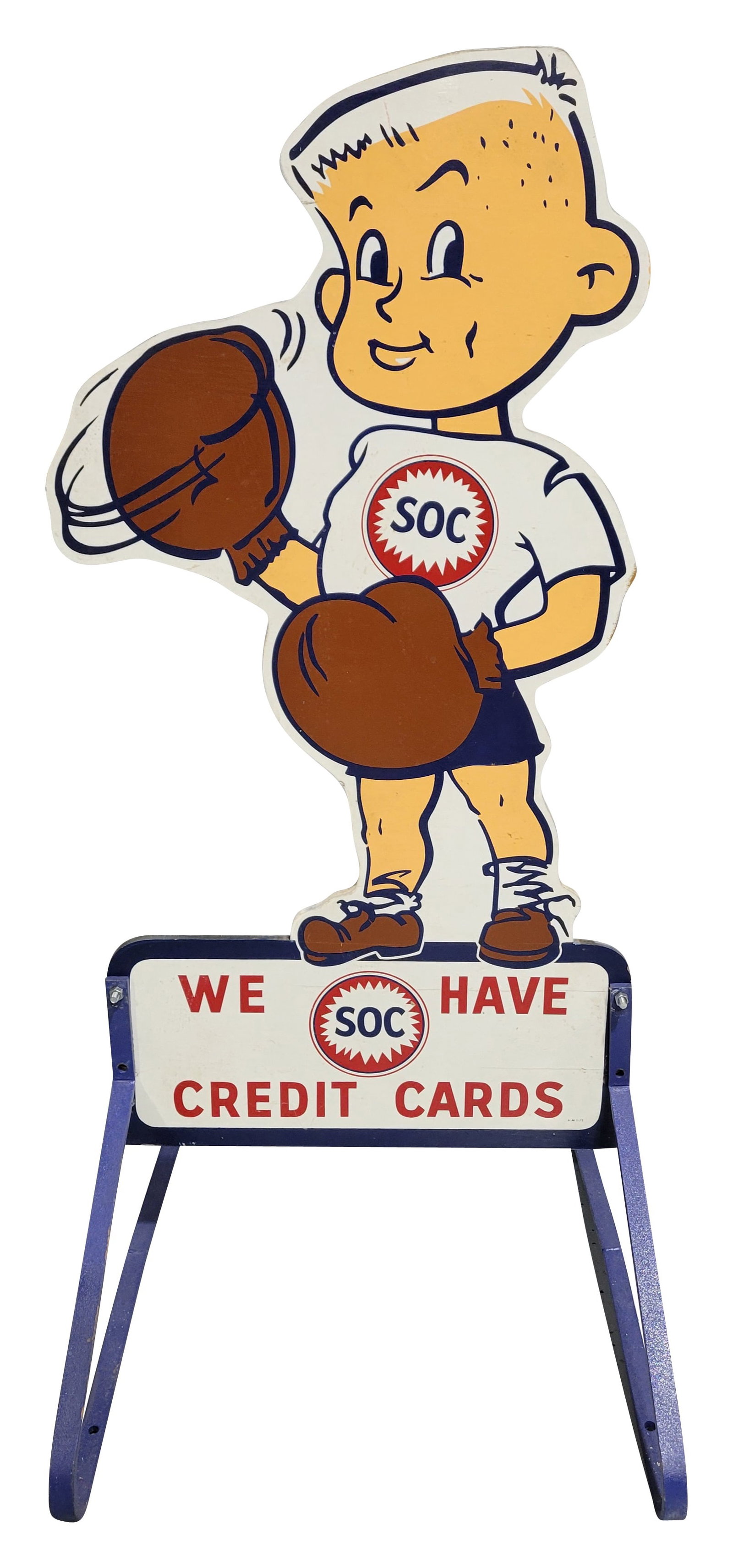 SOC Southern Oil Company We Have Credit Cards Wood Sidewalk Sign: 25" x 30" x 55" painted wood sign displays well with very good color and minor wear. There are a few minor small scuffs and nicks in the wood on each side. The metal stand is in good condition with a 