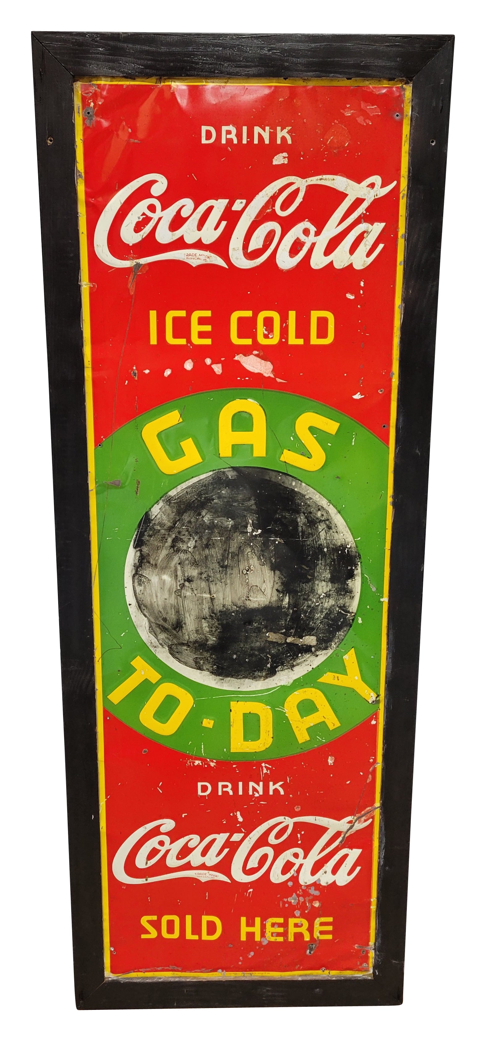 1936 Drink Coca Cola Gas Today Sold Here SST Sign With Frame: 20.5" x 56" embossed single sided tin sign displays wear throughout with scratches, bends, and small holes. The center price circle has been painted over with black paint. The sign is displayed within
