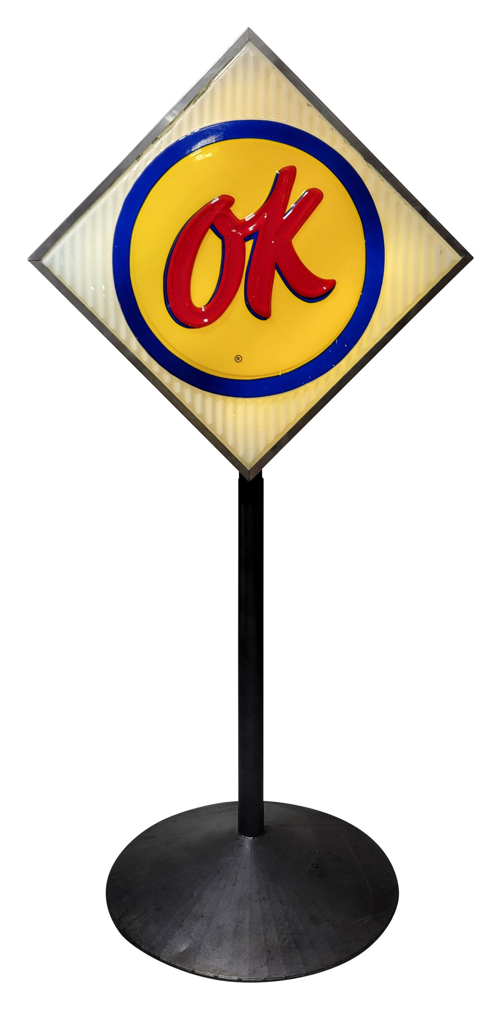 Chevrolet OK Used Cars DS Lighted Sign w/ Pole & Base: 101" x 51" x 36", double-sided internally lighted embossed plastic sign with the factory metal can, an added pole and base. Side #1 has excellent color with tiny paint chips in the field, light wear