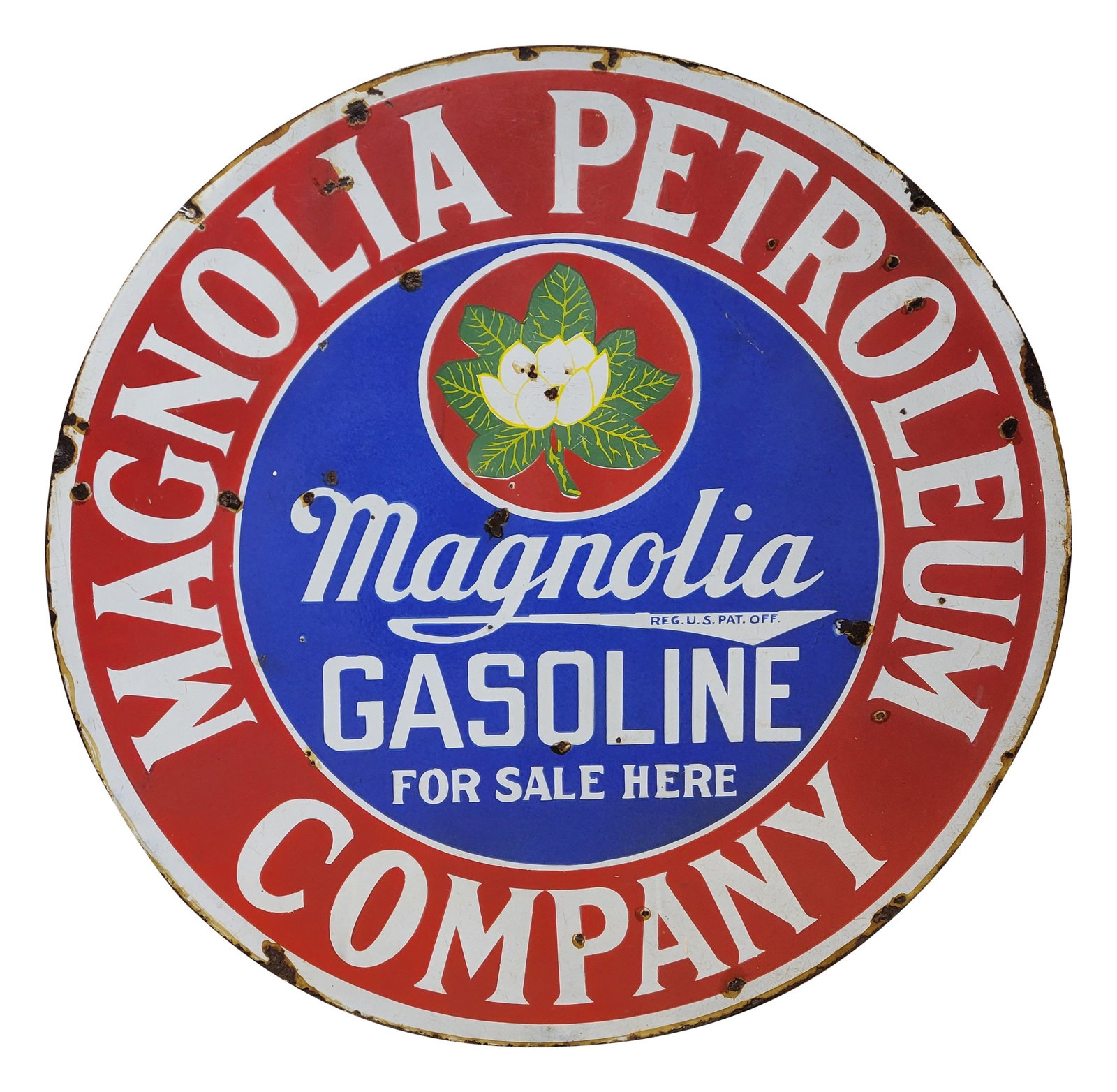 30" Magnolia Petroleum Company Gasoline DSP Sign: 30" double sided porcelain sign displays general wear with bullet dings, chips, and scratches throughout each side. The perimeter has wear with stains, small chips and rust.