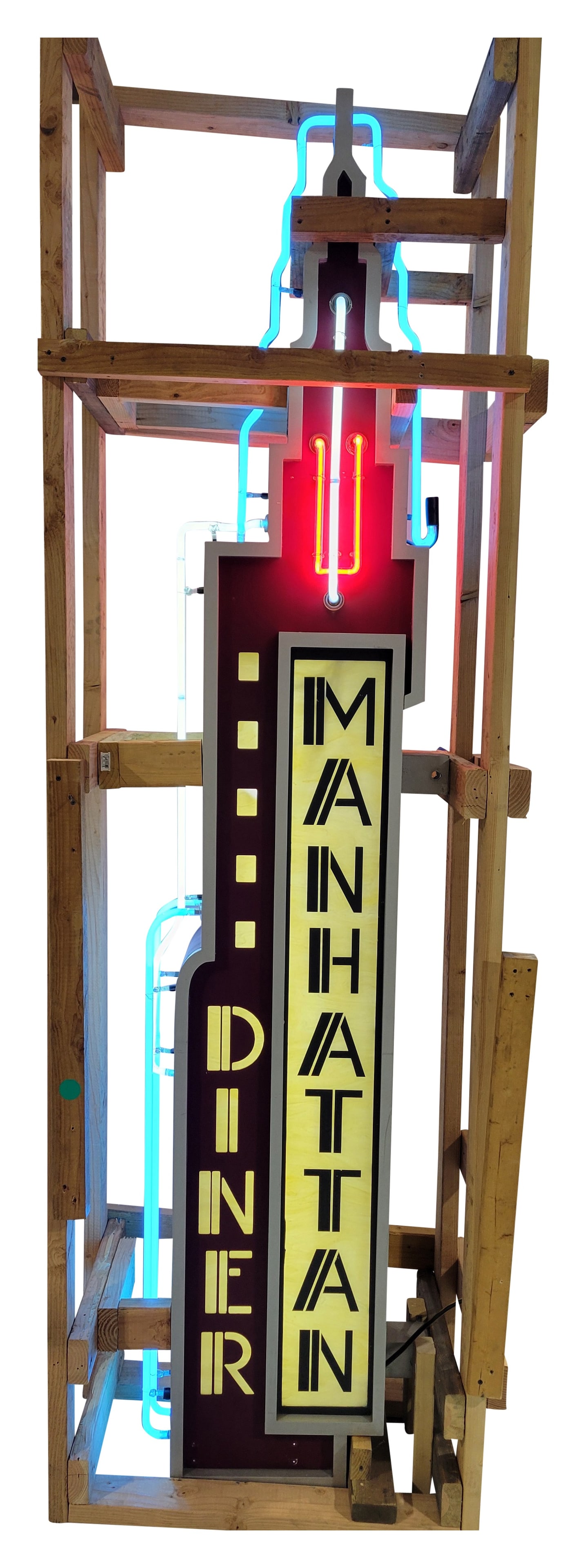 Manhattan Diner Art Deco DS Lighted Metal Sign w/ Neon: 103" x 17" x 11", Double-sided metal internally lighted sign with neon has excellent color and shine. The sign was originally displayed at the corner of Broadway and 77th Street in New York City. The