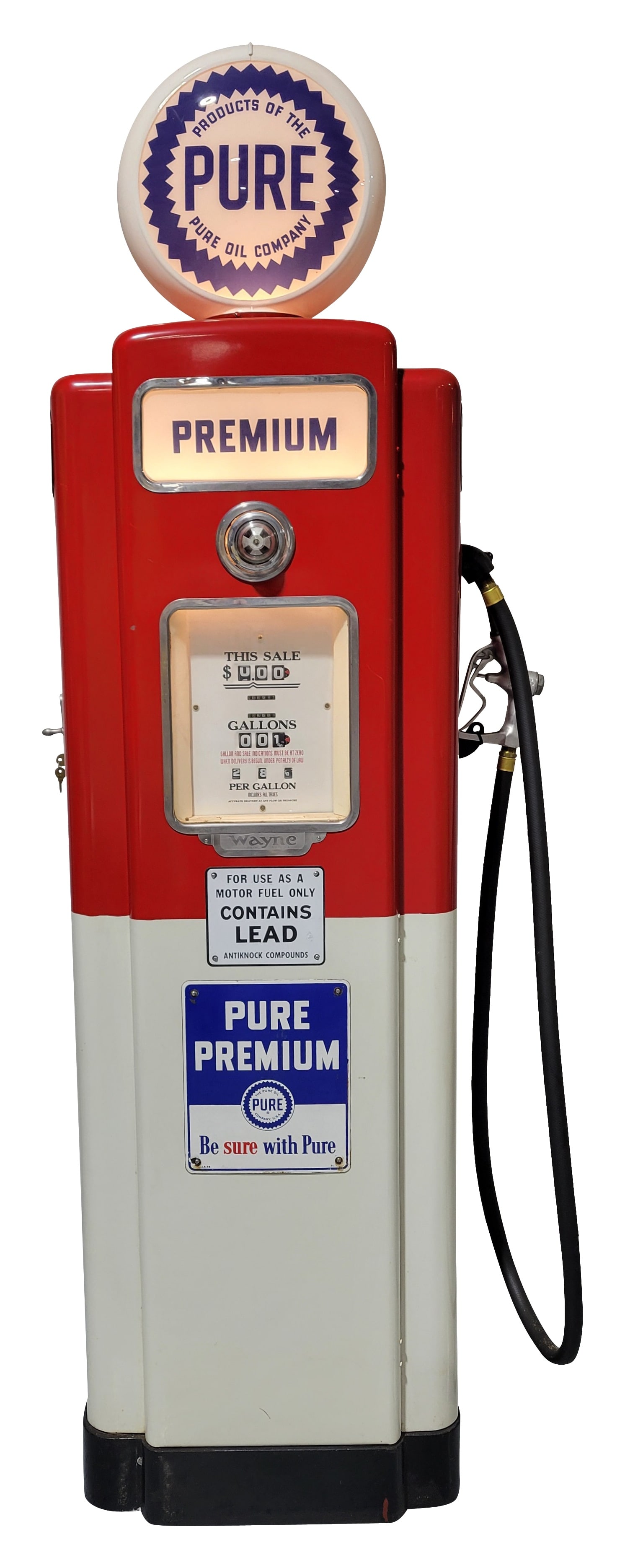 Wayne Model #70 Computing Gas Pump Pure Restored: 90" T., Wayne Model #70 computing gas pump has been restored. The paint features bright red and white paint with a black base. The paint has light wear with small paint chips. The pump includes origin
