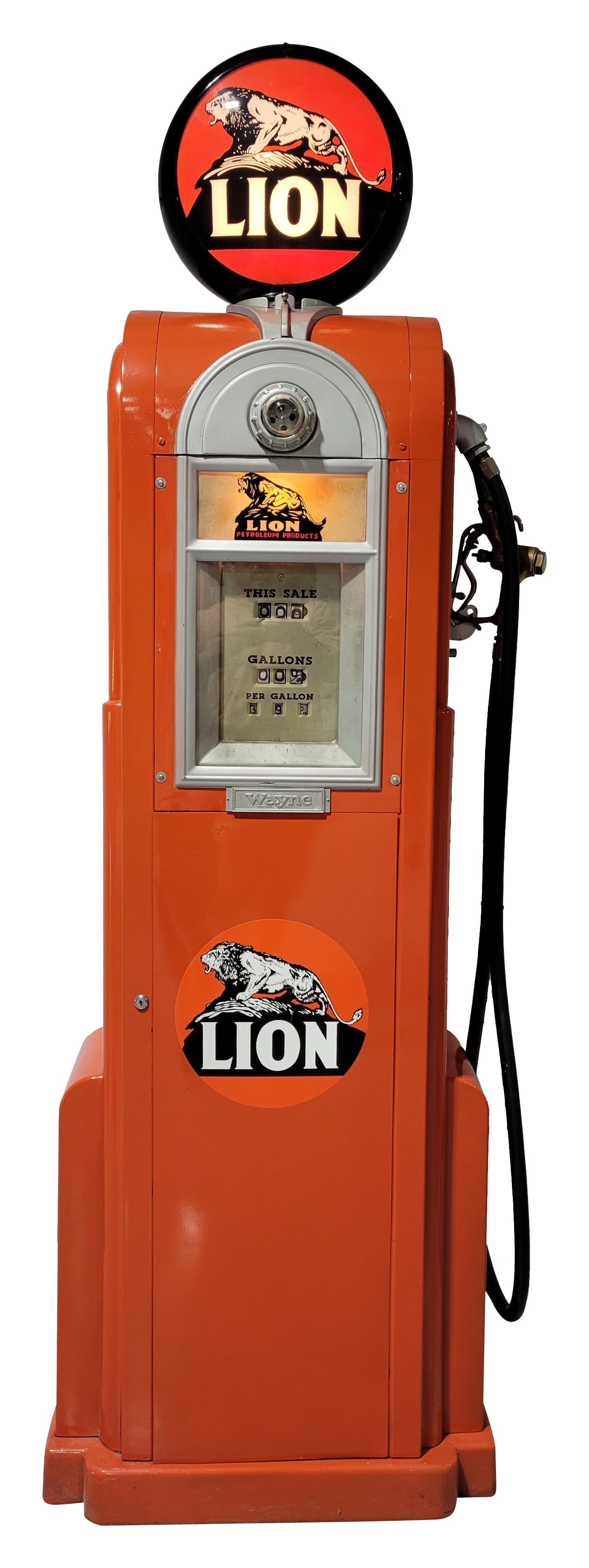 Wayne Model #60 Computing Gas Pump Lion Restored: 92" T., Wayne Model #60 computing gas pump has been restored. The pump features vibrant orange paint with areas of light wear, surface imperfections and light bends. It includes Lion decals, porcelain
