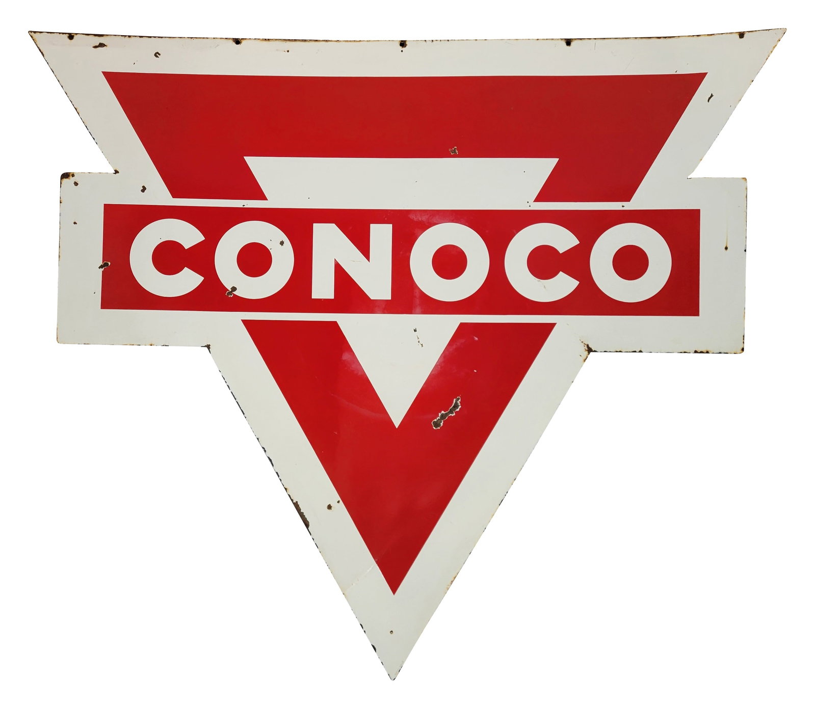 Conoco Gasoline 7' Die Cut DSP ID Sign: 71" x 83", DSP die cut sign has good color and gloss. The display has chips with areas of discoloration and surface wear. The perimeter has additional chips with discoloration along the outer edges.
