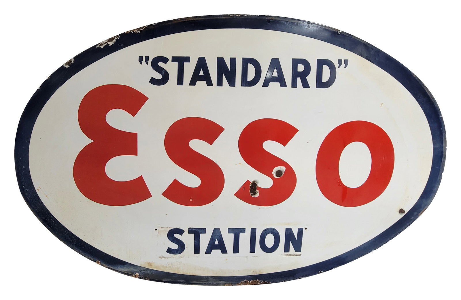 7Ft Standard Esso Station SSP Dealer Sign: 92" x 61" SSP sign displays general age related wear with light oxidation and stains in the field. There are 2 large chips in the "S" and another at the right border. The perimeter has wear with