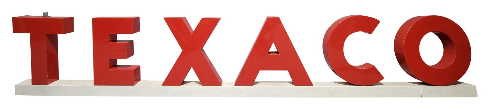 Texaco Service Station 11.5' 3D Letter Sign: 25" x 142" x 4", SSP multi-piece three-dimensional lettering sign has excellent color and gloss. The letters have light wear with color matched chips and applied clear coat to enhance the finish. The