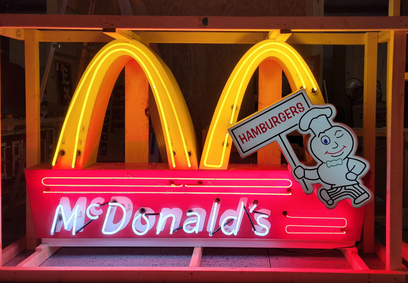 McDonald's Hamburgers SST 3D Factory Neon Sign w/ Speedy: 46" x 74.5" x 14", SST die cut three-dimensional neon sign with an internally lighted plastic "Speedy" has been restored. The display has areas of repaint throughout with areas of light wear, minor