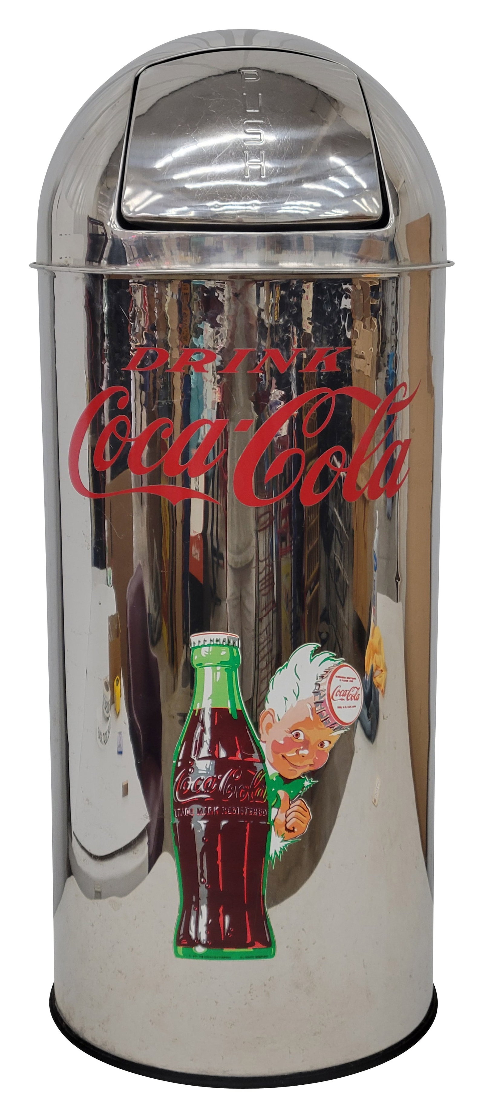 Drink Coca Cola Chrome Trash Can Receptacle: 34" x 14" metal trash can is in very good condition with a shiny exterior and light wear. The push door has light wear with small scratches. The Coca Cola graphics are applied decals and are in excell