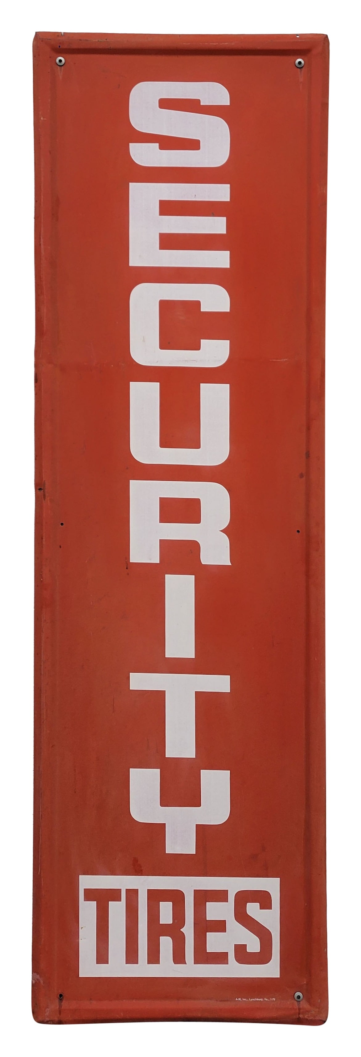 Security Tires Single Sided Tin Sign: 17.75" x 60" vertical self framed SST sign exhibits fading across its surface and it has lost its shine. There is a shallow horizontal bend through the letter "C," and the perimeter has a few minor sm