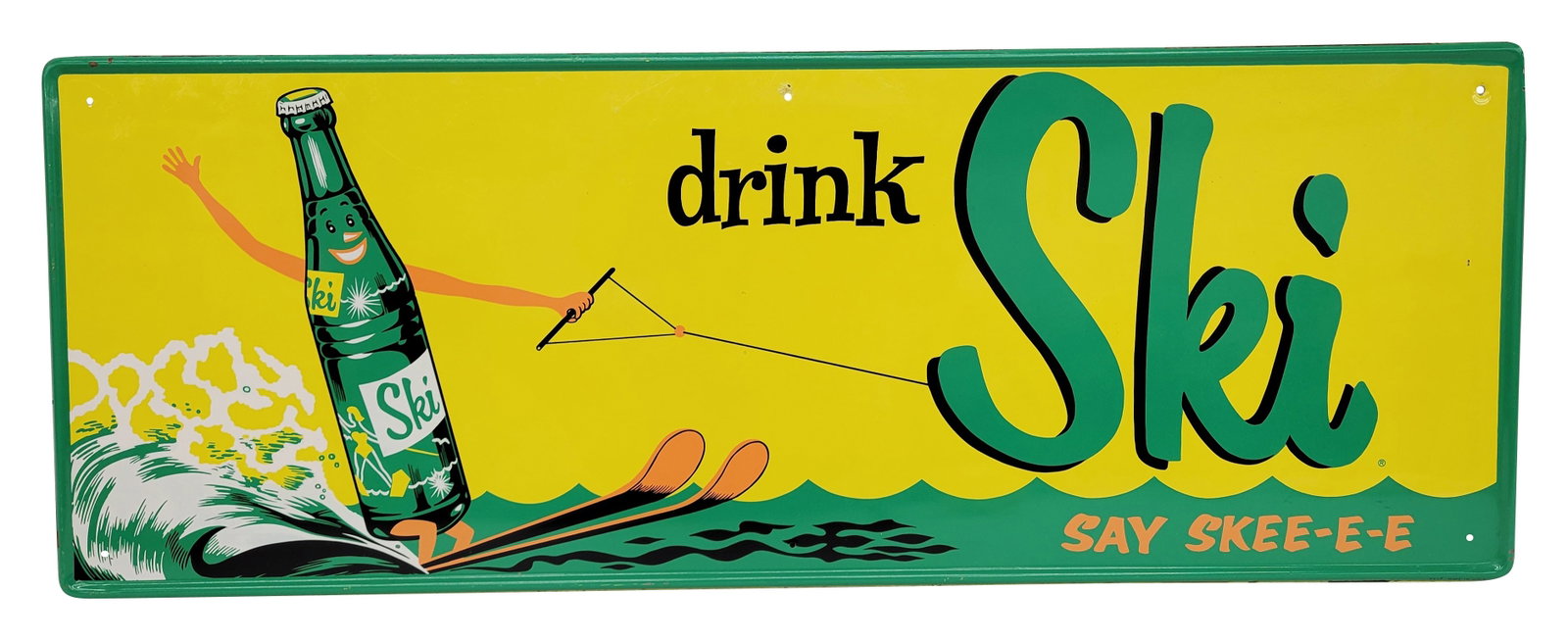 Drink Ski Single Sided Tin Sign: 32" x 12" SST sign exhibits excellent color and shine with some minor wear in upper field with fine marks on the surface. There is a small dull area near the upper right corner. The self framed perime