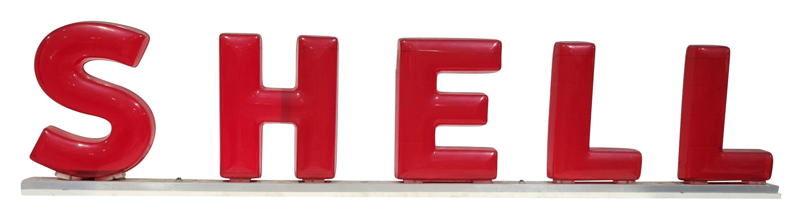 Shell Acrylic Plastic Service Station Letters: 96" x 20" set of translucent SHELL acrylic letters is securely attached to a metal base. This metal base is mounted on a piece of painted wood, enabling the letters to stand freely. The letters are in