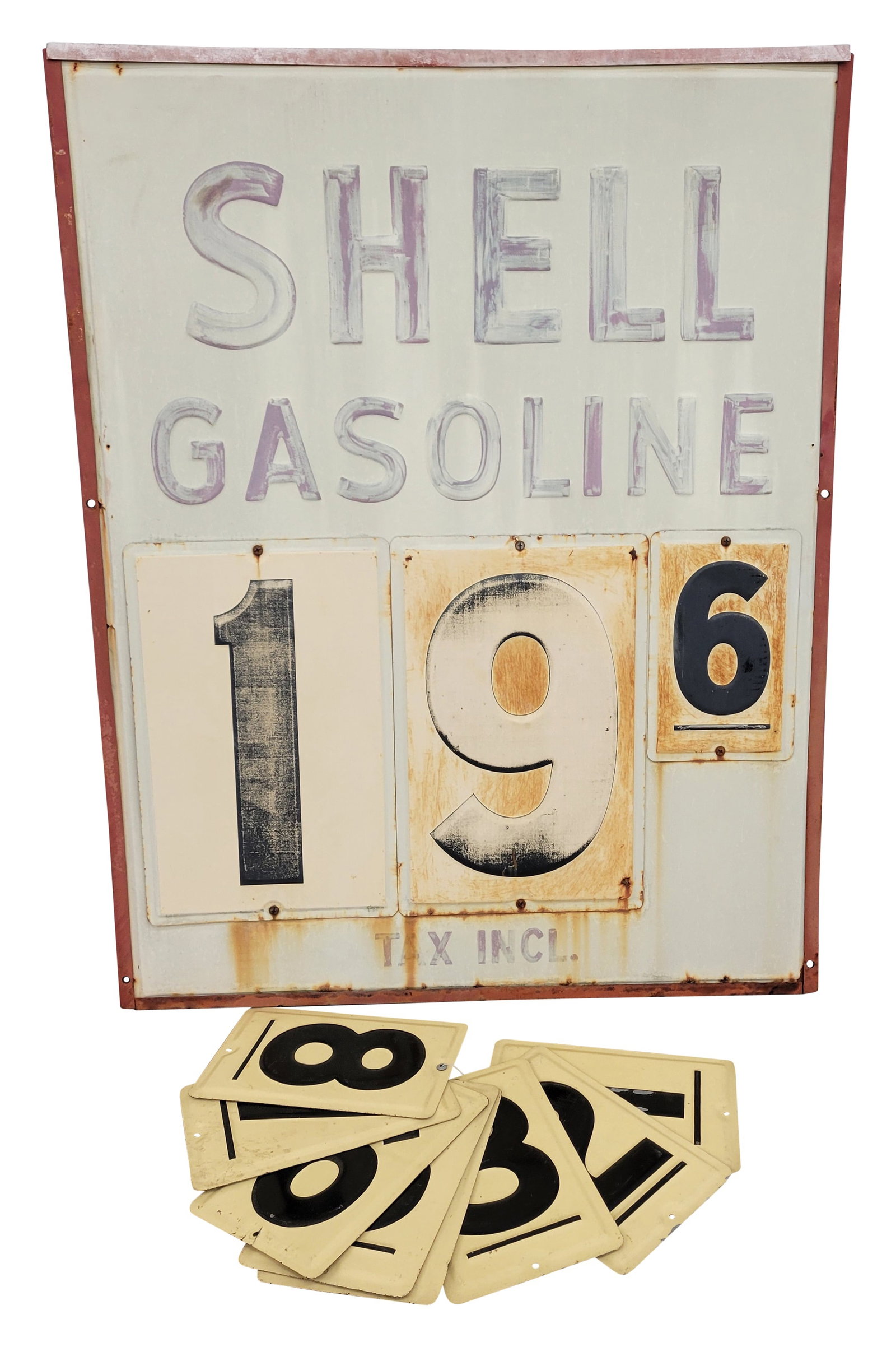 Shell Gasoline Embossed Service Station Price Sign: 36.5" x 47.5" embossed SST service station price sign has fading throughout with surface rust in areas and several small holes along the perimeter. 3 faded and rusted embossed number signs are screw