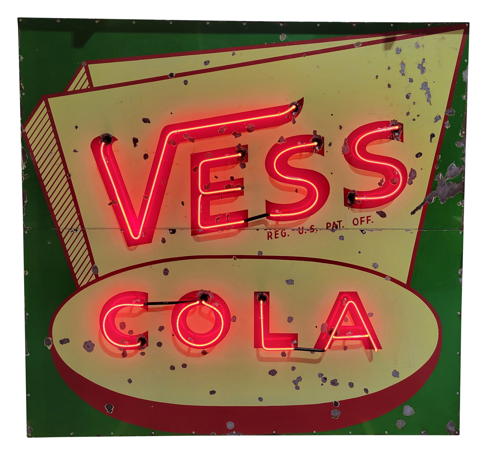 Vess Cola 6' SSP Factory Neon Sign: 71" x 75" x 11", SSP factory neon sign with a new metal can has good color and gloss. The sign features brilliant single-color neon. The display and perimeter have chips with crazing and areas of lowe