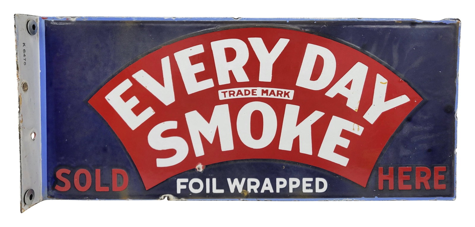 Every Day Smoke Sold Here Porcelain Flange Sign: 18" x 8" DSP flange sign exhibits mild discoloration on side one in the blue porcelain with several stains on the white lettering. The reverse is similar with discoloration and several small chips alo