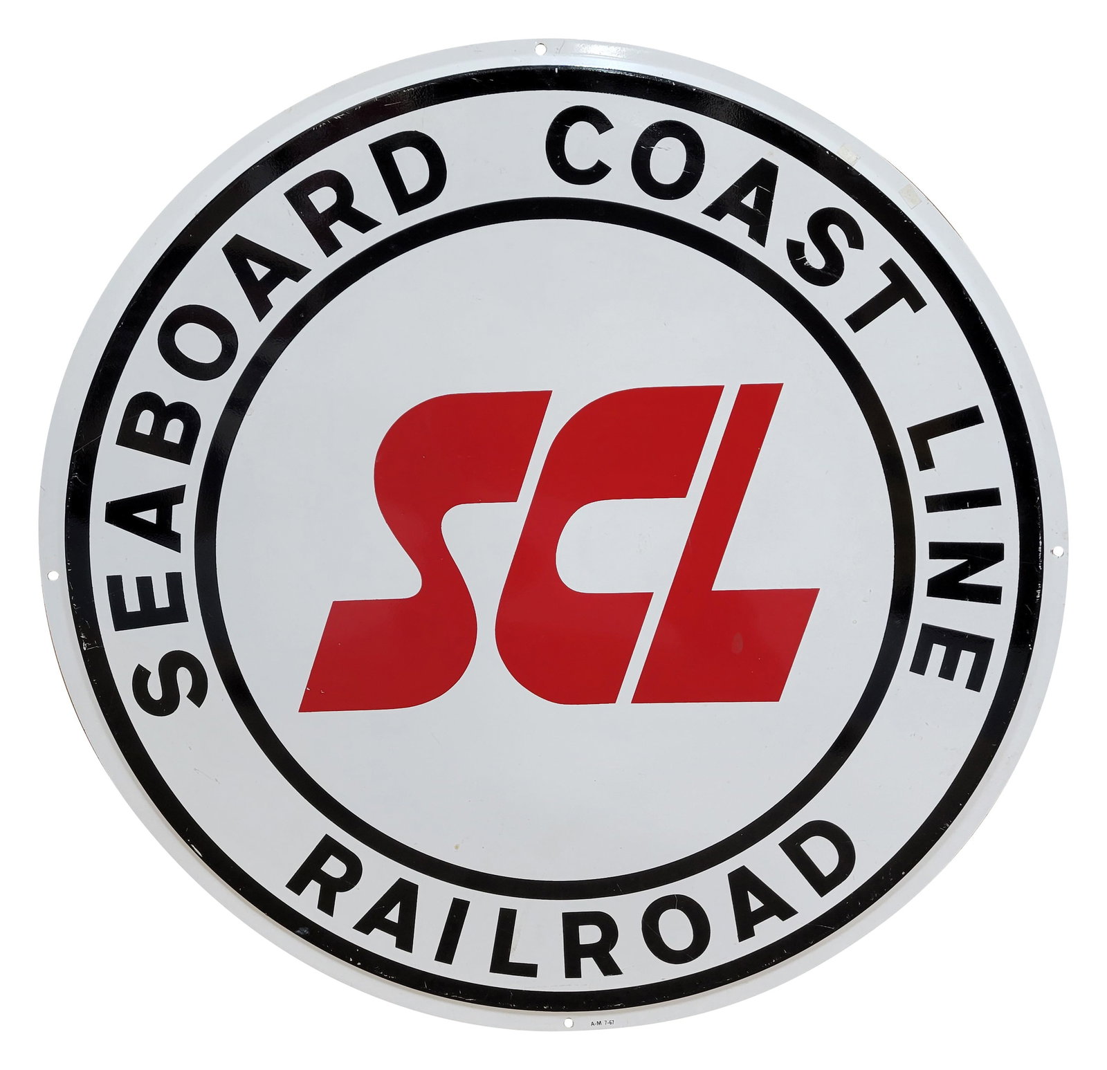 SCL Seaboard Coast Line Railroad SST Sign: T24" single-sided tin sign displays very good color and shine, showing only minor surface wear, which includes light scuffs and scratches primarily located around the outer field. A-M 7-67.