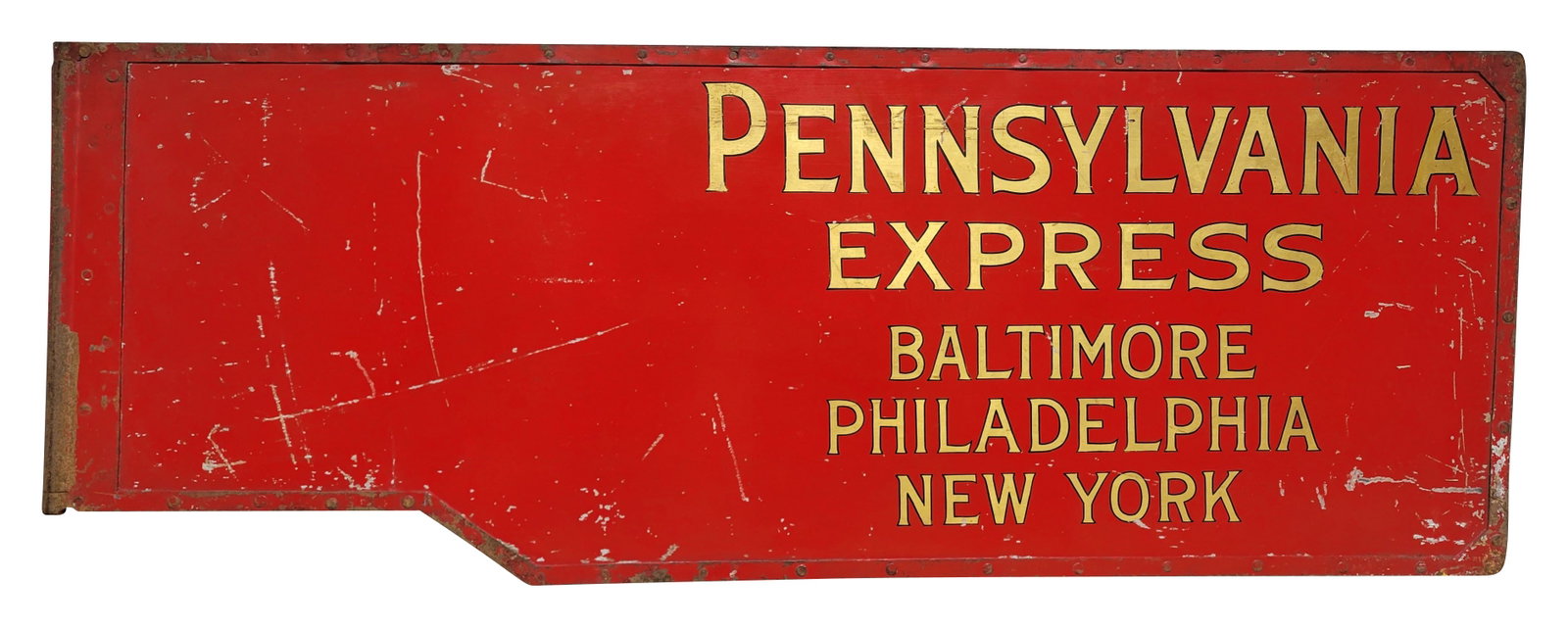 Pennsylvania Railroad DS Gate Destination Sign: 53.5" x 20" double sided metal sign features gold lettering and a metal frame. It exhibits age and wear on each side with scratches and flaked paint. The frame is in similar condition. Names included 