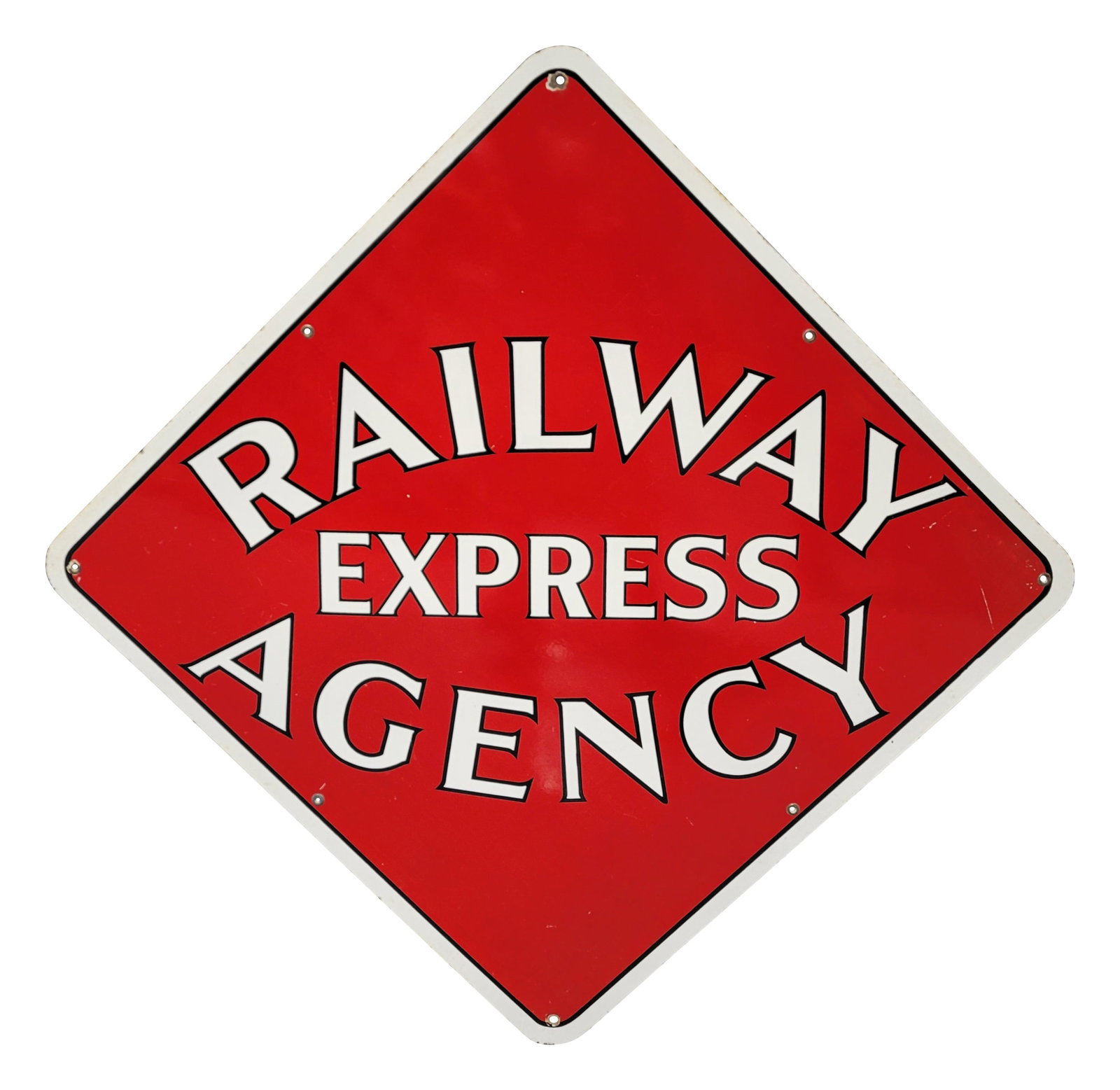 Railway Express Agency SSP Sign: 49" x 49" single sided porcelain sign displays well with excellent color and gloss. There are several small scratches in the field with a flea bite sized chip beneath the letter "A". The perimeter exh